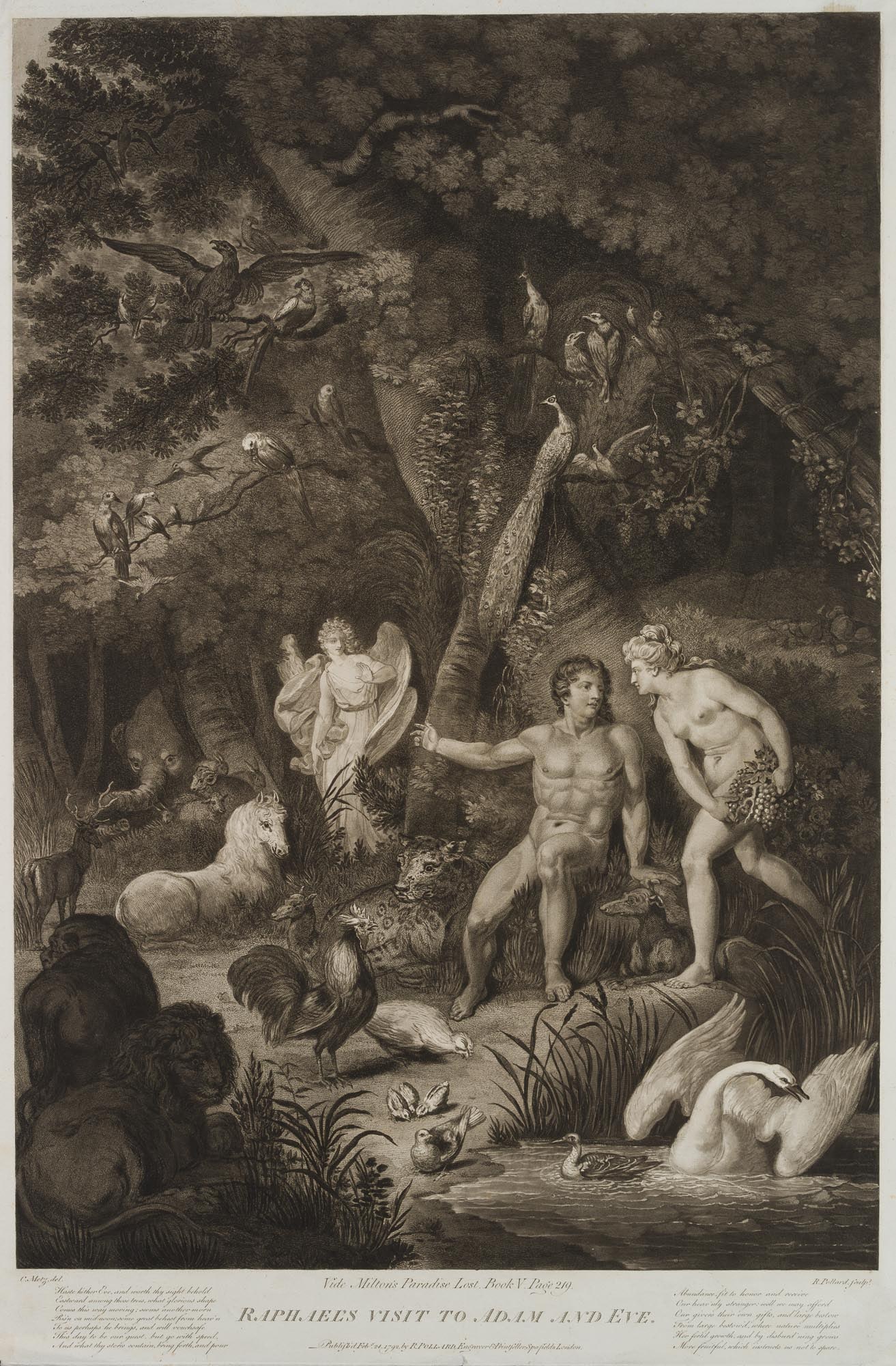 R. POLLARD (*1755) after METZ (*1749), Raphael with Adam and Eve, 1792, Aquatint: Robert Pollard (1755 Newcastle-on-Tyne - 1838 ) after Conrad Martin Metz (1749 Bonn - 1827 Rom): Archangel Raphael with Adam and Eve, after "Paradise Lost", J Milton, 1792, Aquatint Technique: Aquatin