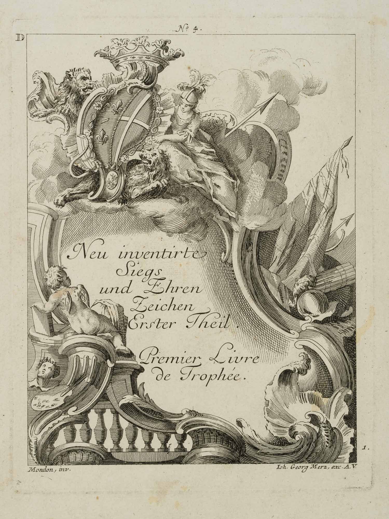 J. MERZ (*1712) after MONDON (18th), Symbols of Victory and Honour, Copper engraving (1 of 4)