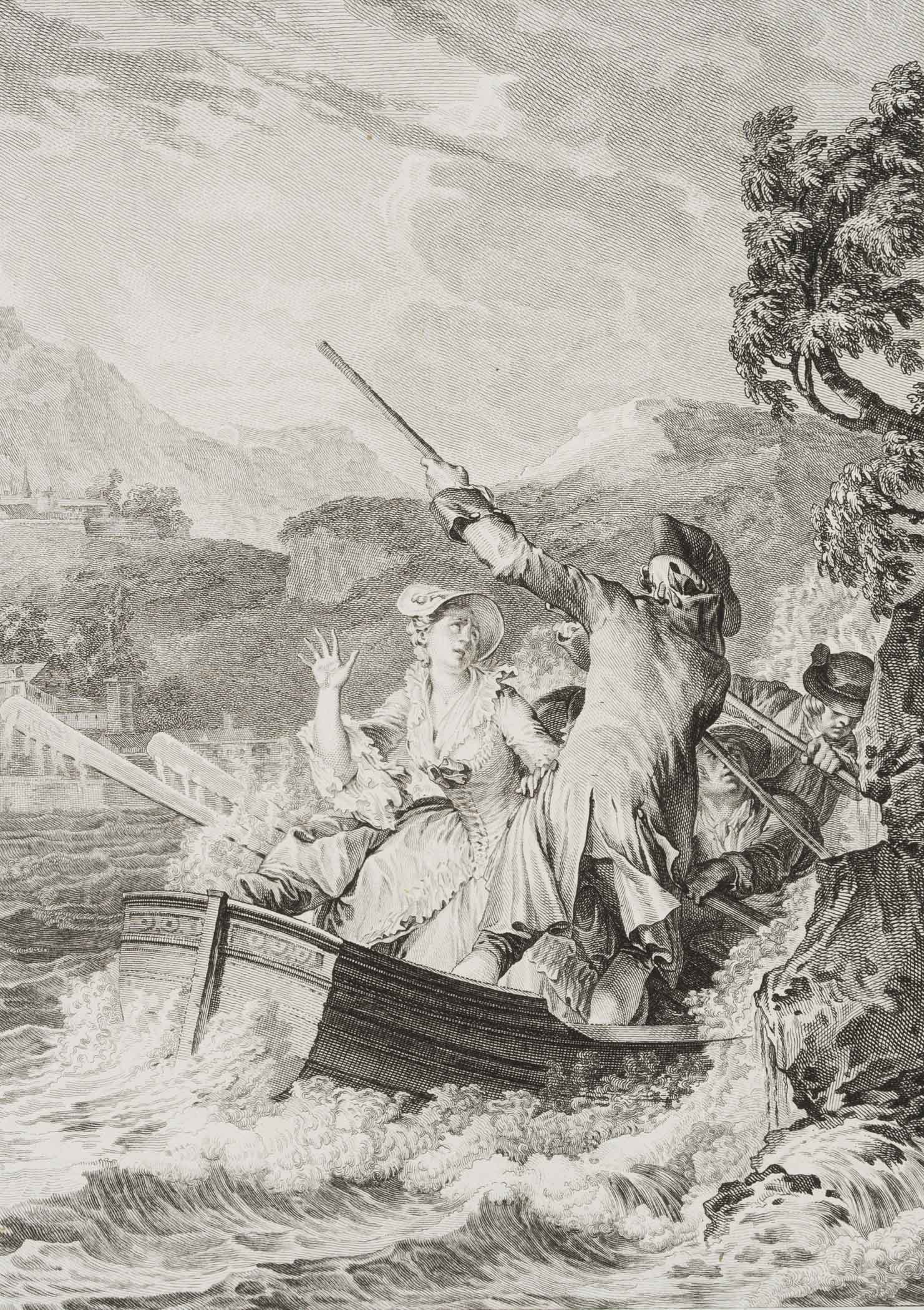 N. LEMIRE (*1724) after MOREAU (*1741), A hasty boat trip, around 1780, Copper engraving: Noël Lemire (1724 Rouen - 1801 Paris) after Jean Michel Moreau (1741 Paris - 1814 ibid.): On the boat Lady with hasty oarsmen, c. 1780, Copper engraving Technique: Copper engraving on Paper Inscr