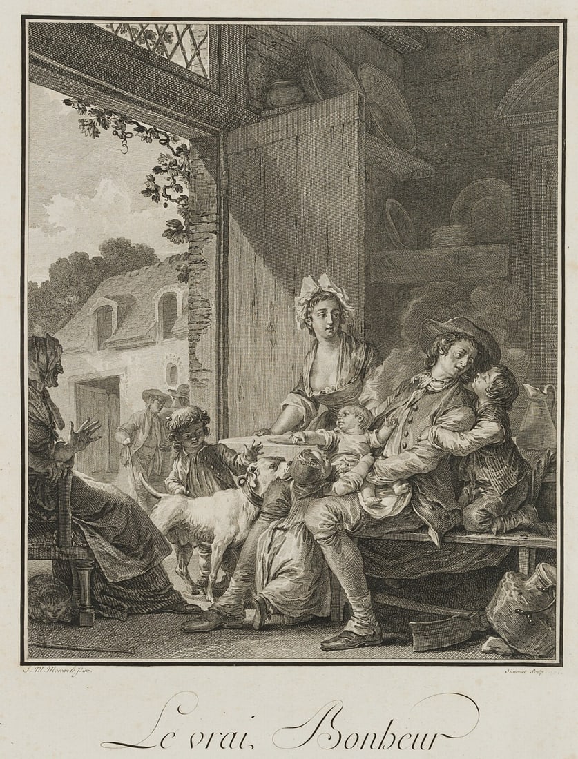 After MOREAU (*1741), True family happiness, around 1780, Etching: After Jean Michel Moreau (1741 Paris - 1814 ibid.): Le vrai Bonheur, True Family Happiness, c. 1780, Etching Technique: Etching on Paper Inscription: Signed and titled below the image in the printing 