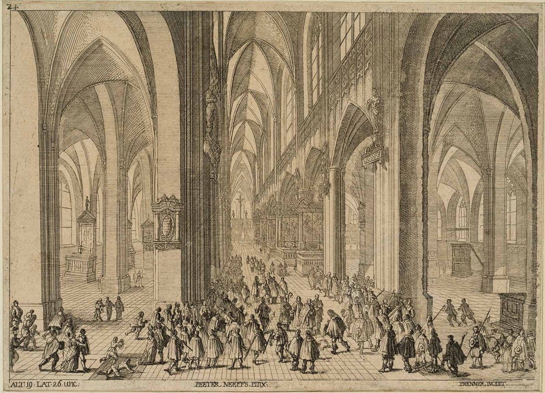 A. PRENNER (*1683) after NEEFFS (*1578), Cathedral of Our Lady, Antwerp, Copper engraving (1 of 4)