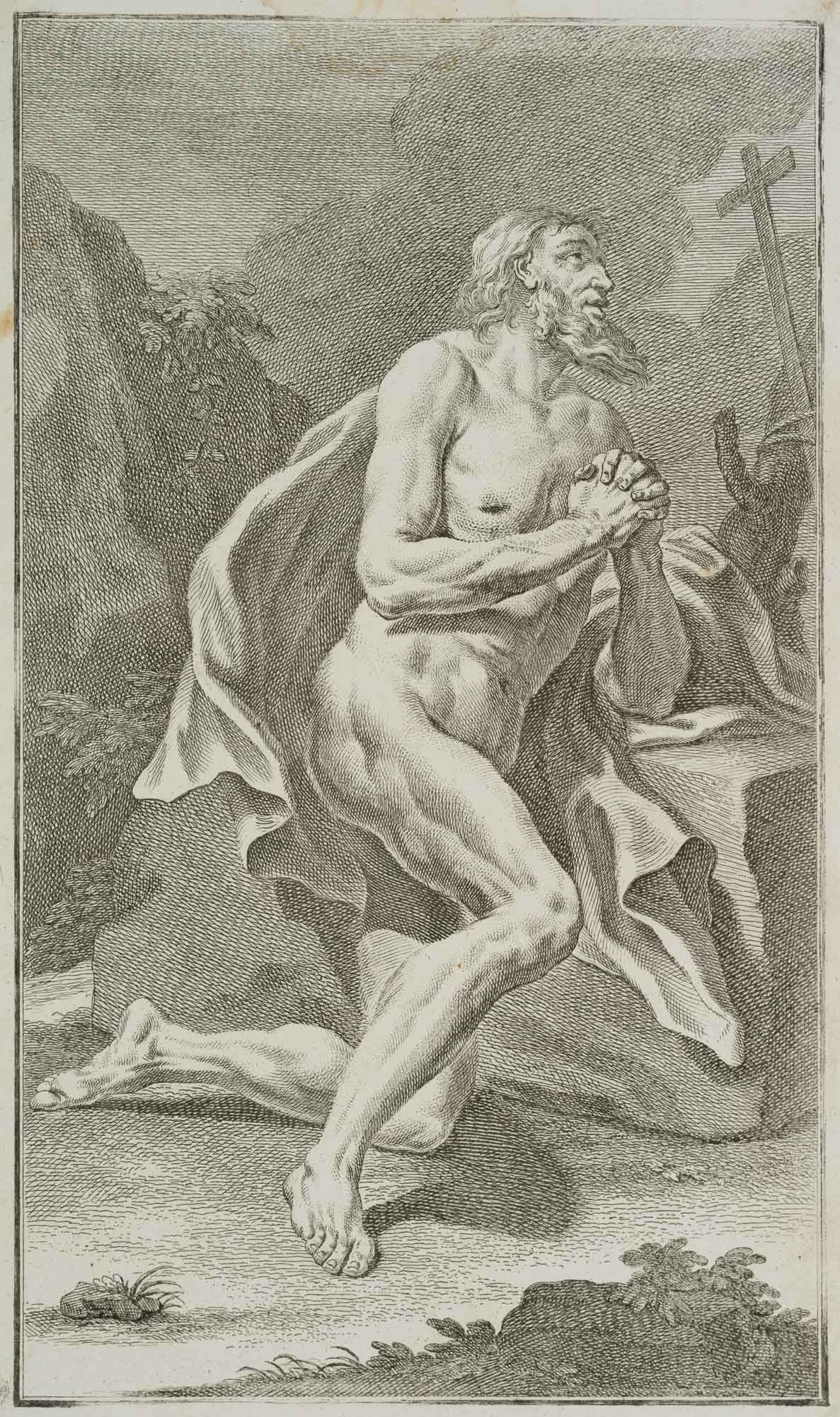 G. PREISSLER (1700-1754), Kneeling Male Nude, Copper engraving: Georg Martin Preißler (1700 Nuremberg - 1754 ibid.): Nude study, Kneeling and intimately praying man, drapery, 18th century, Copper engraving Technique: Copper engraving on Laid paper, mounted on