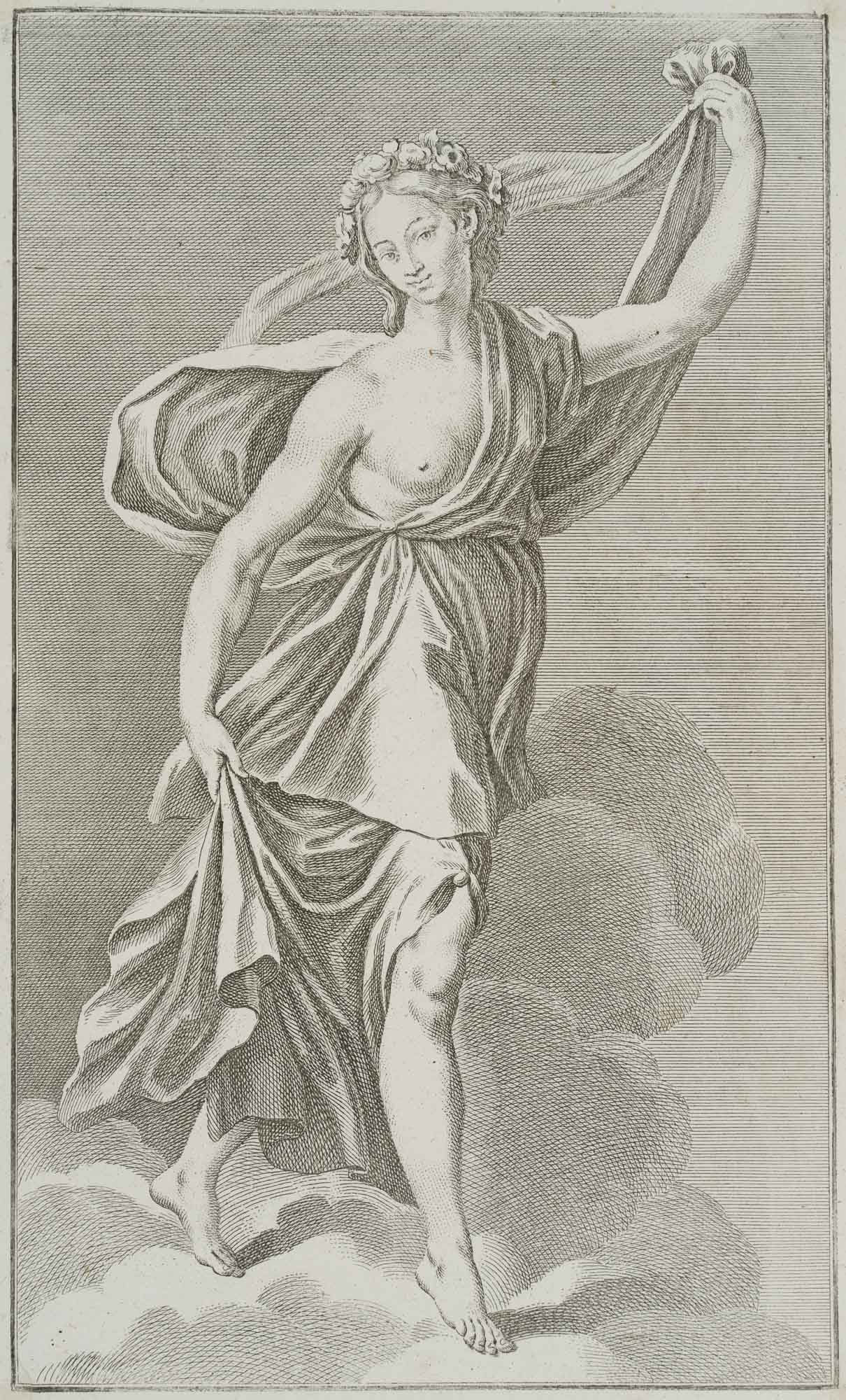G. PREISSLER (1700-1754), Female figure in a gown with a wreath of flowers, Copper engraving (1 of 4)