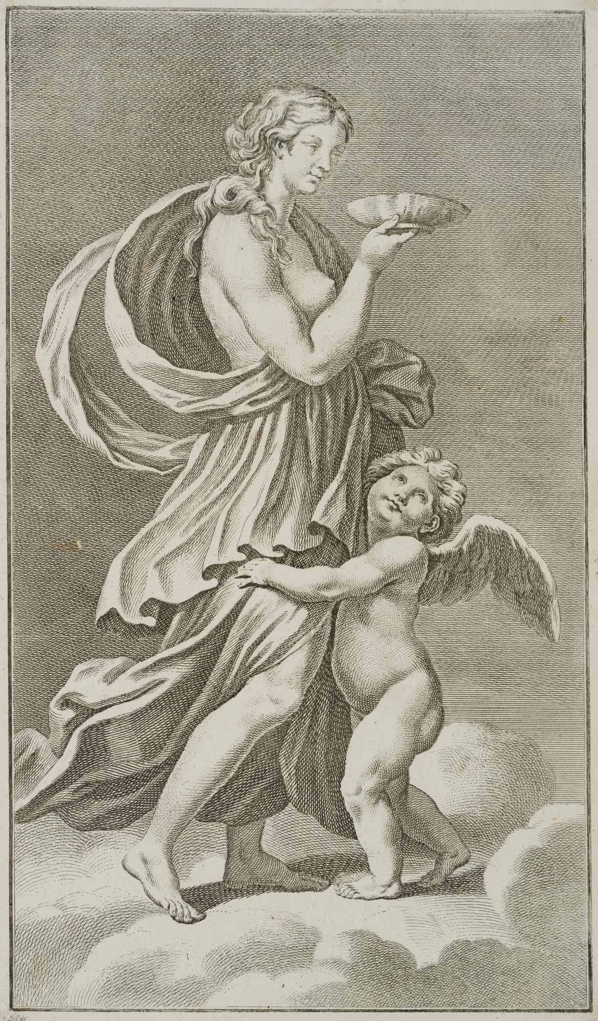 G. PREISSLER (1700-1754), Female figure in a robe with a putto, Copper engraving: Georg Martin Preißler (1700 Nuremberg - 1754 ibid.): Female figure in a robe with a putto, 18th century, Copper engraving Technique: Copper engraving on Laid paper, mounted on Paper Date: 18th ce