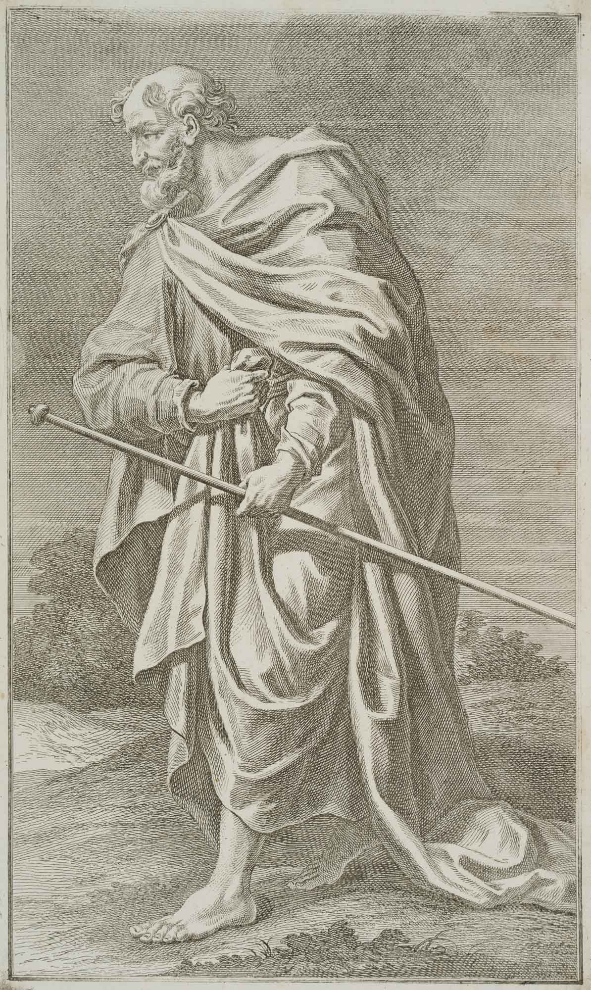 G. PREISSLER (1700-1754), Figure study, figure in robes holding a staff, Copper engraving (1 of 4)