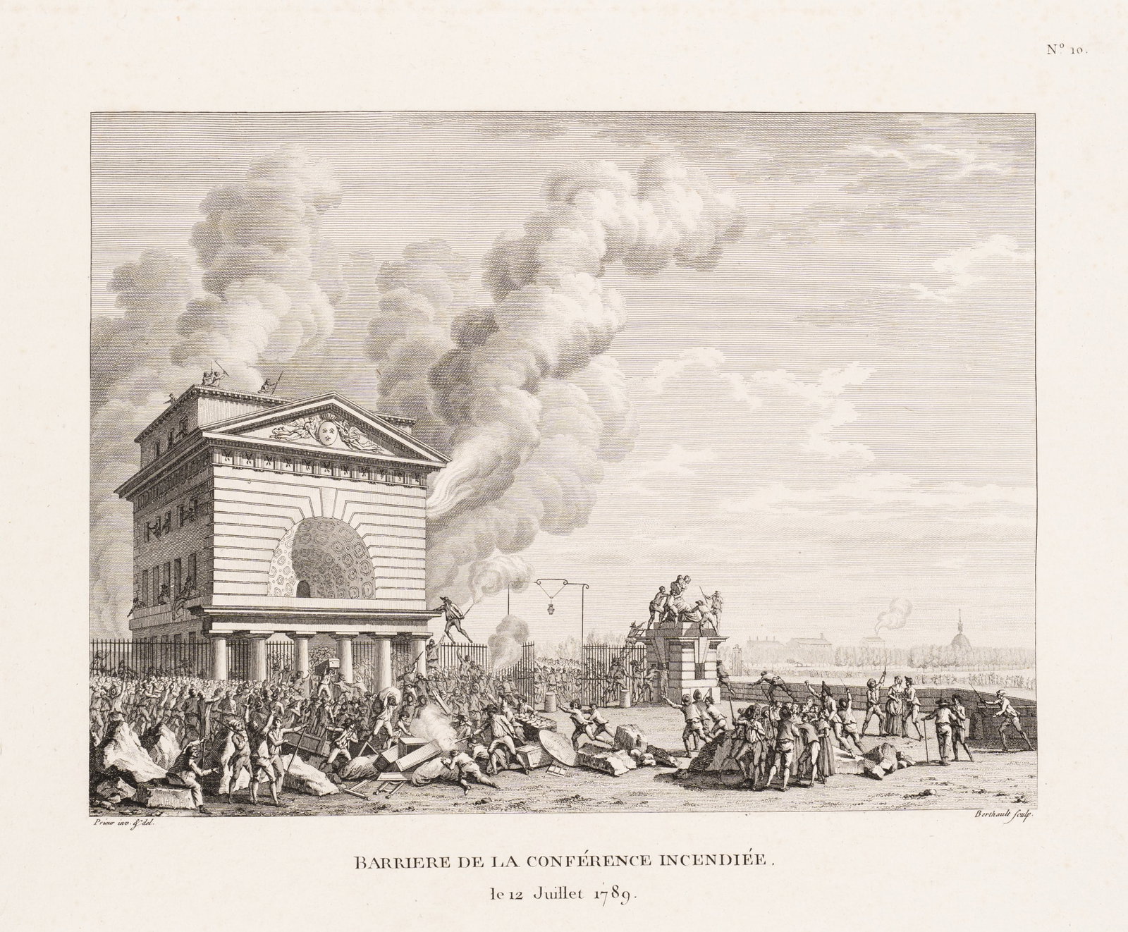 P. BERTHAULT (*1737) after PRIEUR (*1759), The Barriere de la Conférence is on fire, 1792,: Pierre Gabriel Berthault (1737 St-Maur (Seine) - 1831 Paris) after Jean Louis Prieur (1759 Paris - 1795 ibid.): The destruction of the Barriere de la Conférence on 12 July 1789, 1792, Etching Tec
