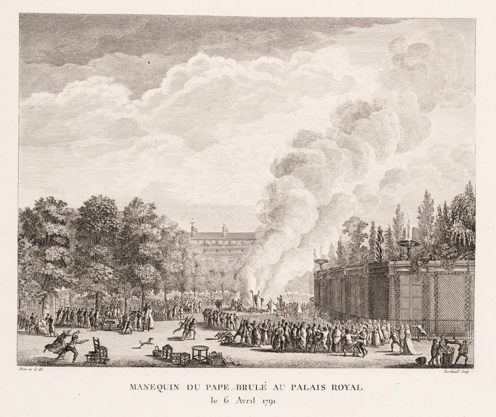 P. BERTHAULT (*1737) after PRIEUR (*1759), Fire at the Palais Royal, 1792, Etching (1 of 5)