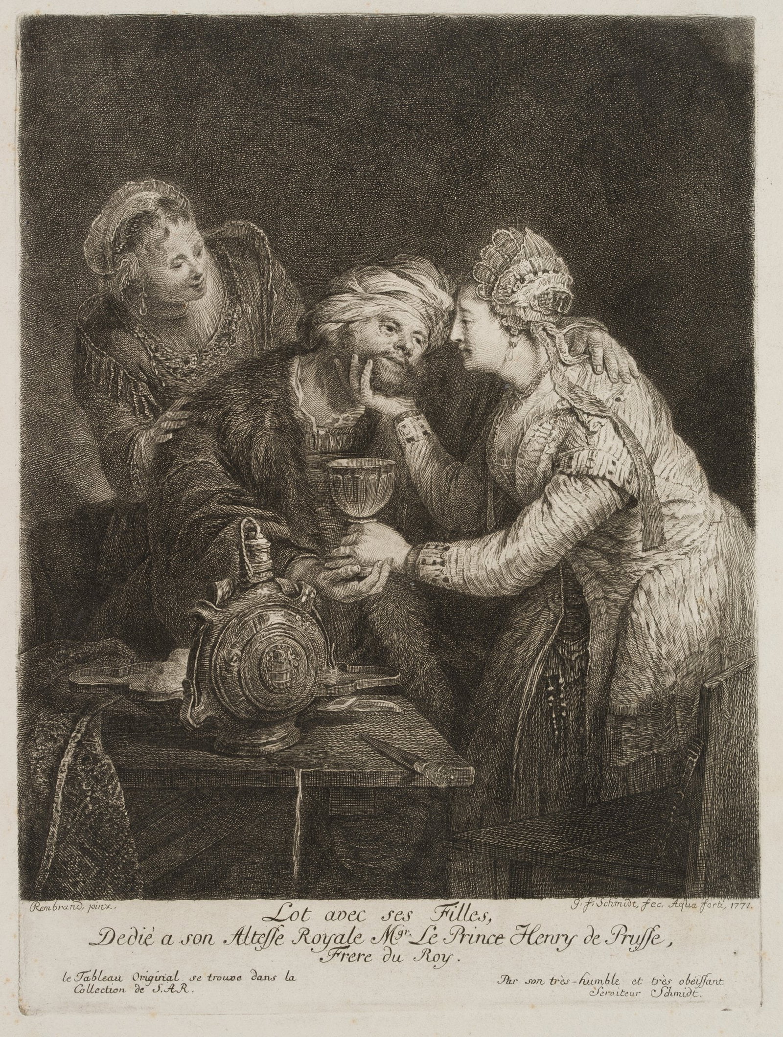 G. SCHMIDT (*1712) after REMBRANDT (*1606), Lot and his daughters, 1771, Etching (1 of 5)