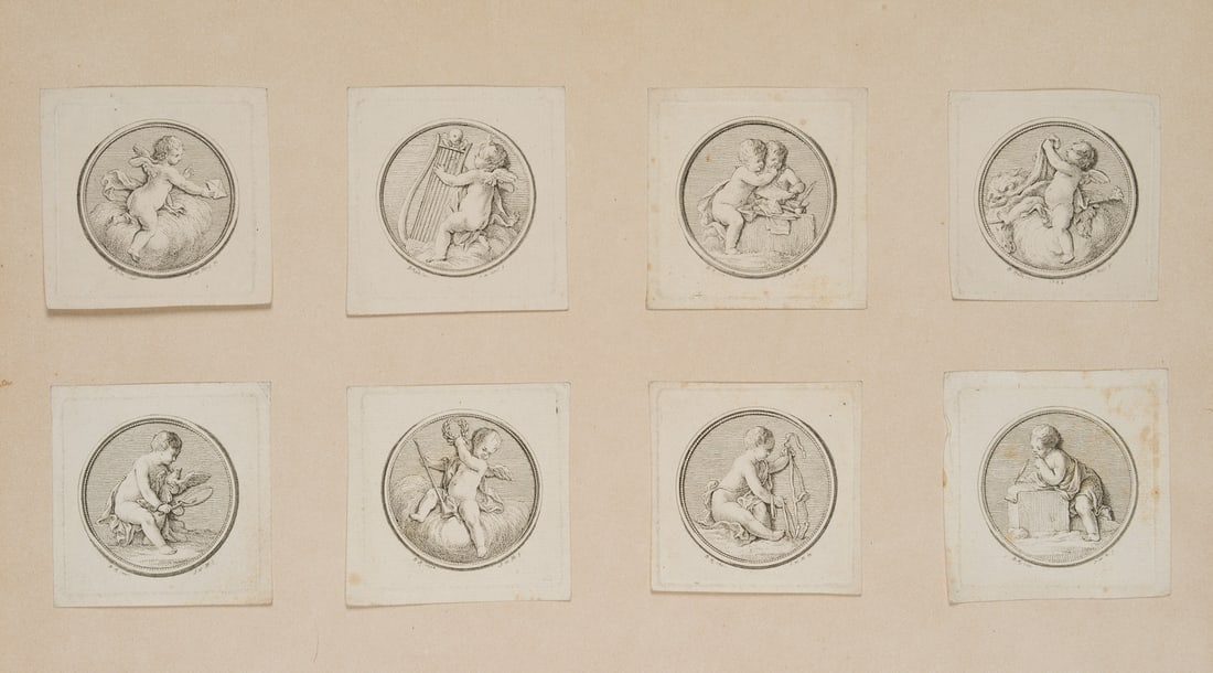 J. MEIL (*1733) after RODE (*1725), Puttos playing music and writing, 1783, Etching: Johann Wilhelm Meil (1733 Altenburg - 1805 Berlin) after Bernhard Rode (1725 Berlin - 1797 ibid.): Puttos playing music and writing, 1783, Etching Technique: Etching on Laid paper, mounted on Paper In
