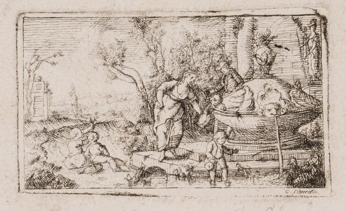 C. SCHNEIDER (*1753), An Arcadian scene by the fountain, around 1790, Etching: Caspar Schneider (1753 Mainz - 1839 ibid.): Arcadian Scene, Maid with Children at the Well, c. 1790, Etching Technique: Etching on Paper Inscription: signed lower right in the printing plate Date: c. 