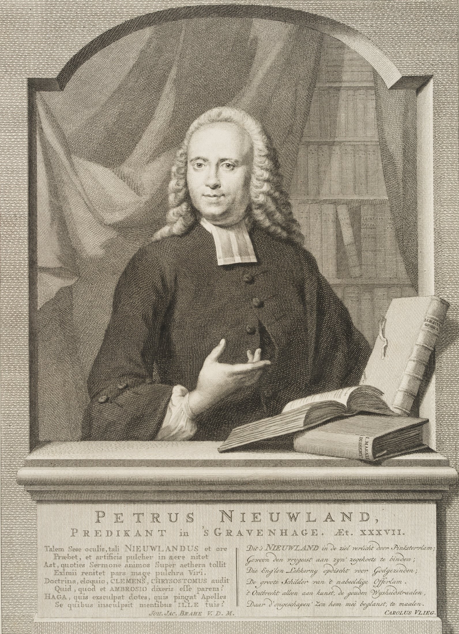 J. HOUBRAKEN (*1698) after SCHOUMAN (*1710), Portrait of Pastor Petrus Nieuwland, 1759, Copper engr: Jacobus Houbraken (1698 Dordrecht - 1780 Amsterdam) after Aert Schouman (1710 - 1792 ): Portrait of the Dutch pastor Petrus Nieuwland, 1759, Copper engraving Technique: Copper engraving on Paper Stamp