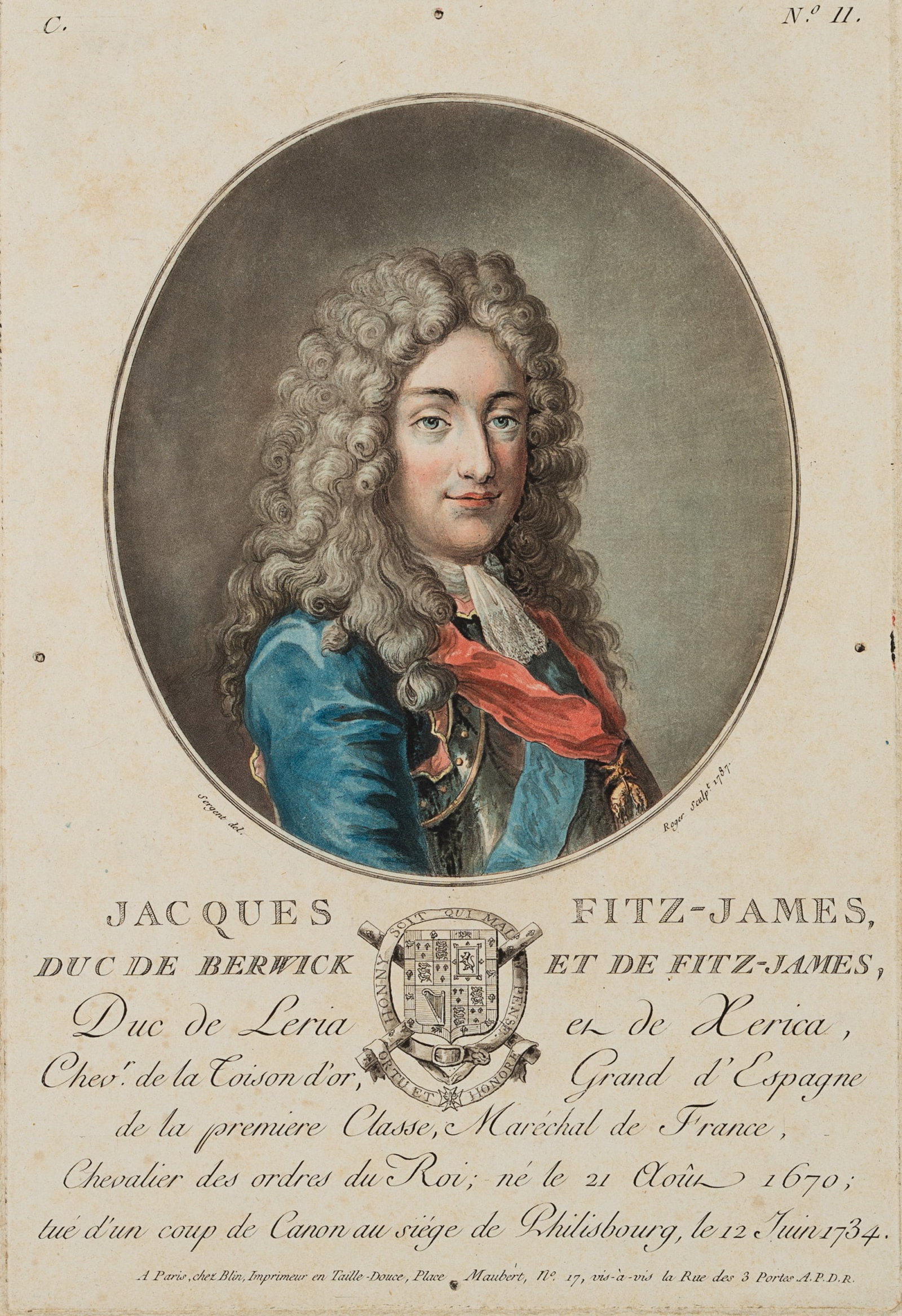 L. ROGER (*1787) after SERGENT-MARCEAU (*1751), Jacques Fitz-James (1670–1734), 1787, Etching: L. Roger (before 1787 - after 1800 ) after Antoine François Sergent-Marceau (1751 - 1847 ): Portrait of Jacques Fitz-James (1670-1734) with Order of the Golden Fleece, 1787, Etching Technique: Ha