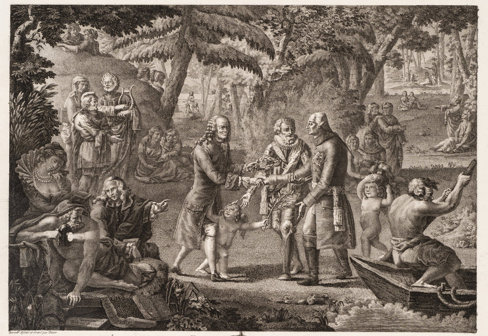G. TEXIER (1750-1821), Arrival of the King of Prussia on the Champs-Élysées, Copper: G. Texier (around 1750 Paris - 1821 ): The arrival of the King of Prussia on the Champs Elysées and his reconciliation with Voltaire by Henry IV, 18th century, Copper engraving Technique: Copper 