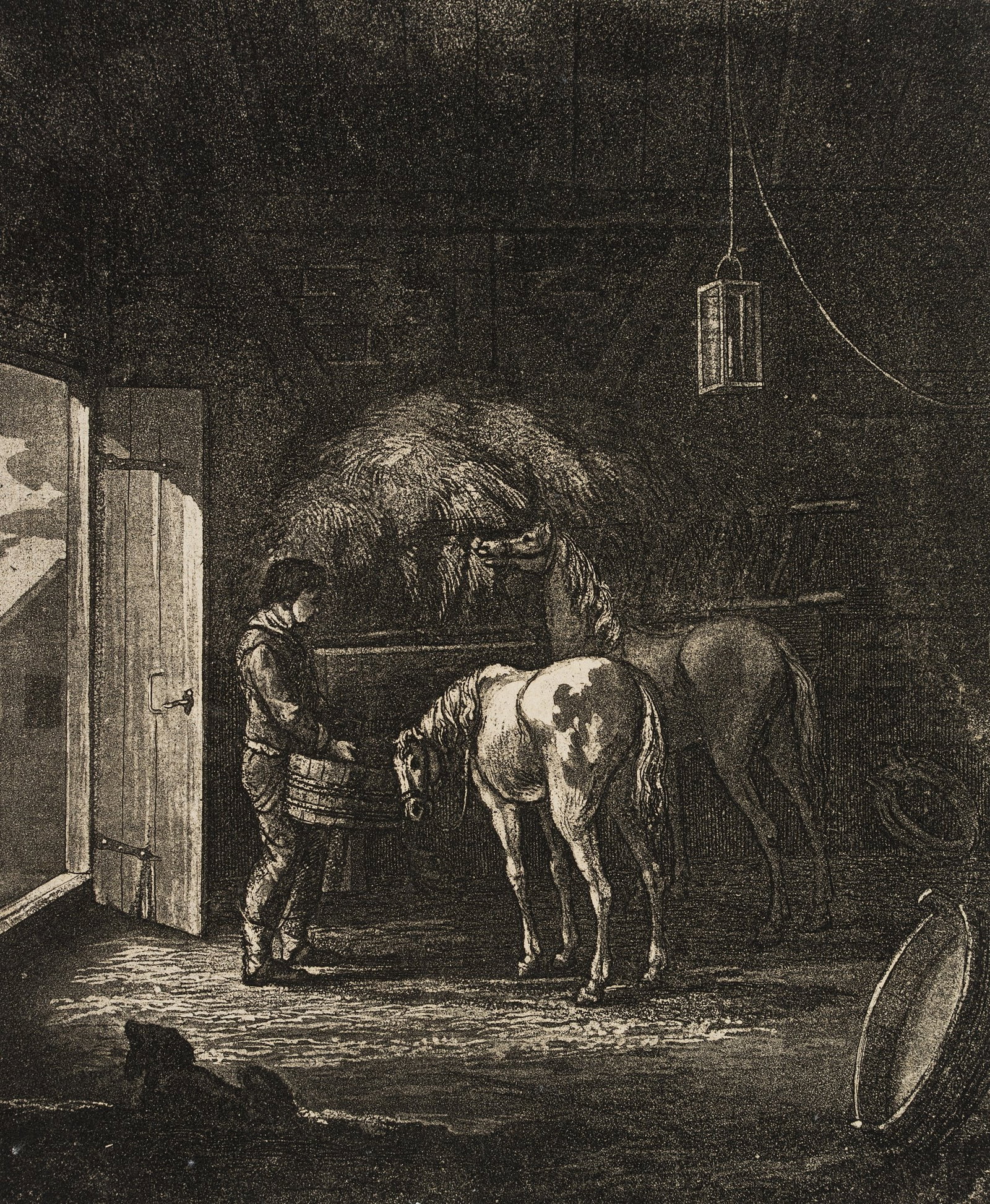 J. TISCHBEIN (*1742), In the stables, Aquatint: Johann Heinrich Tischbein jun. (1742 Haina - 1808 Kassel): In the horse stable Stable boy feeding the horses, 18th century, Aquatint Technique: Aquatint on Paper Date: 18th century Description: Probab