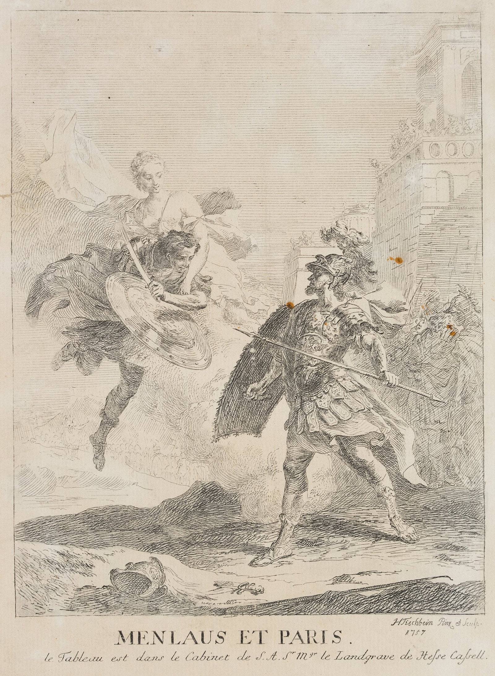 J. TISCHBEIN (*1722), Menelaus and Paris, 1757, Etching: Johann Heinrich Tischbein sen. (1722 Haina - 1789 Kassel): Menelaus and Paris, 1757, Etching Technique: Etching on Paper Catalogue Raisonné: , Inscription: Lower right signed in the printing plat