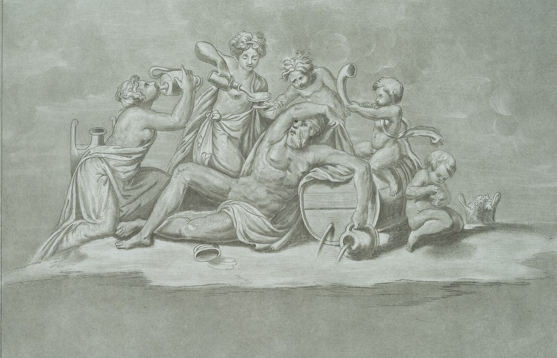 S. MULINARI (*1741) after VAGA (*1500), Drinking binges with Bacchus, the god of wine, Lithography (1 of 4)