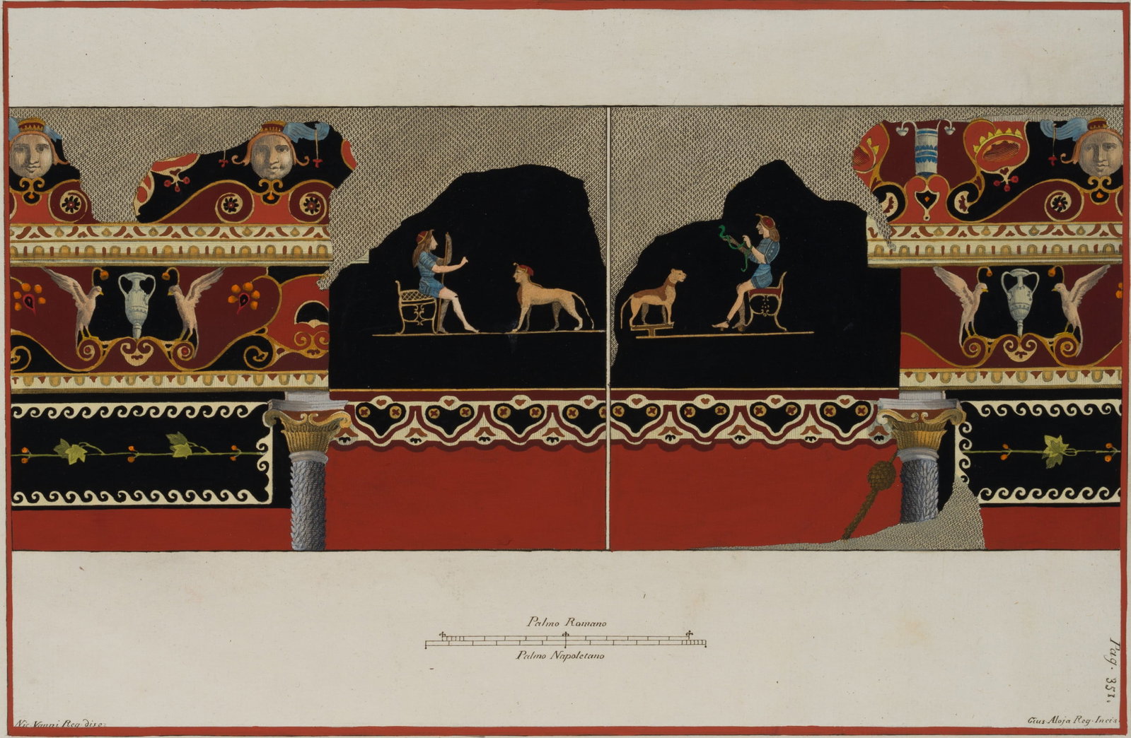 G. ALOJA (*1755) after VANNI (*1750), Antique frieze after a fresco, around 1760, Copper engraving: Giuseppe Aloja (around 1755 - after 1788 ) after Niccolo Vanni (before 1750 Rom - around 1770 ): Antique frieze after a fresco with ornamental figures, birds, vases and panthers, c. 1760, Copper engra