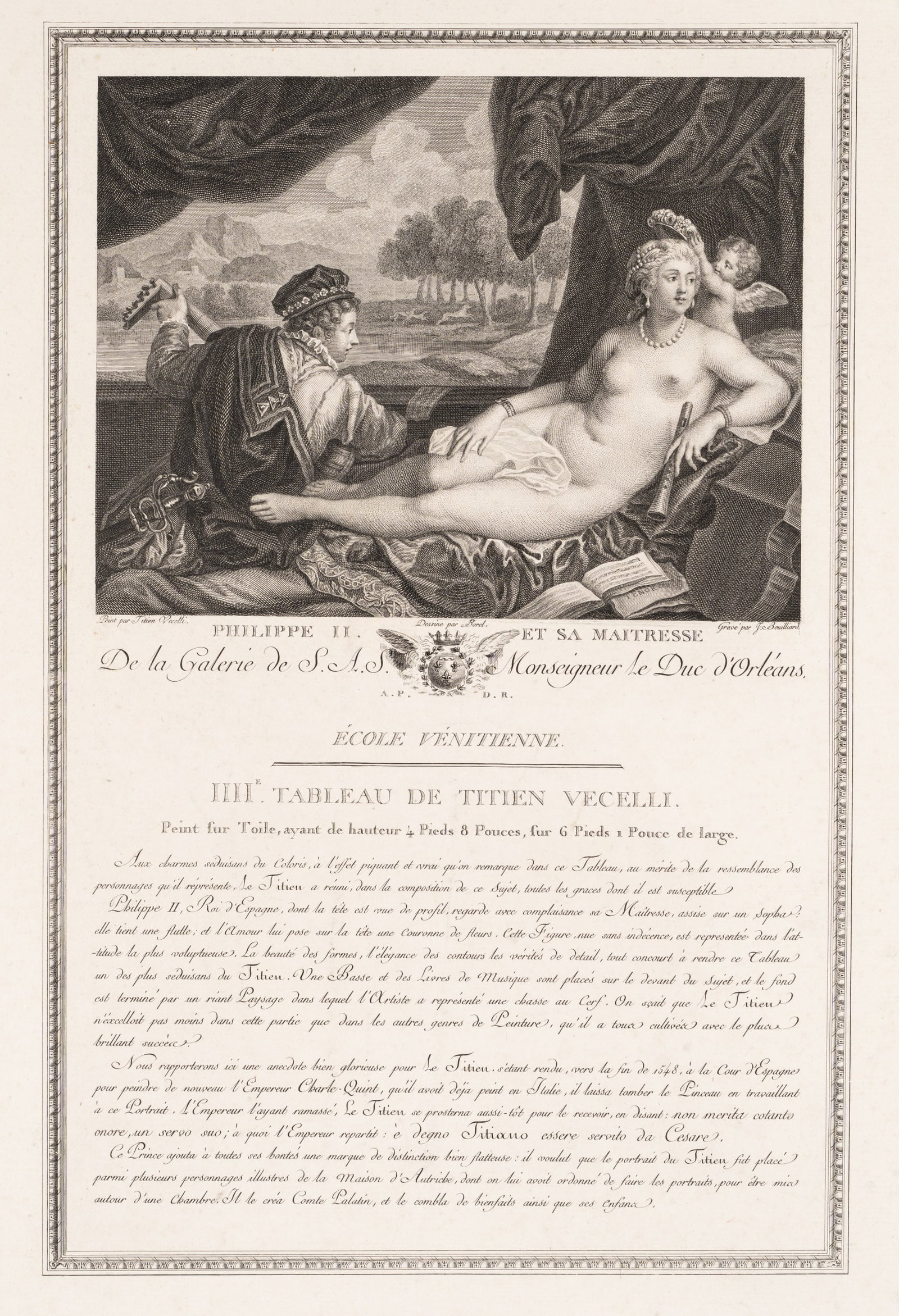 J. BOUILLARD (*1744) after TIZIAN (*1488), Philip II and his mistress, Copper engraving (1 of 5)