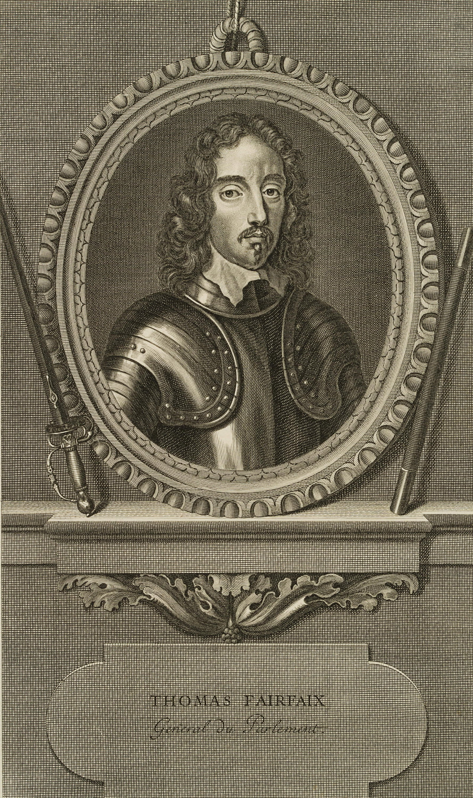 P. DREVET (*1663) after WALKER (*1599), Portrait of Thomas Fairfax, around 1720, Copper engraving: Pierre Drevet (1663 Loire-sur-Rhone - 1738 Paris) after Robert Walker (1599 - 1658 ): Portrait of the English general Thomas Fairfax, c. 1720, Copper engraving Technique: Copper engraving on Paper Ins