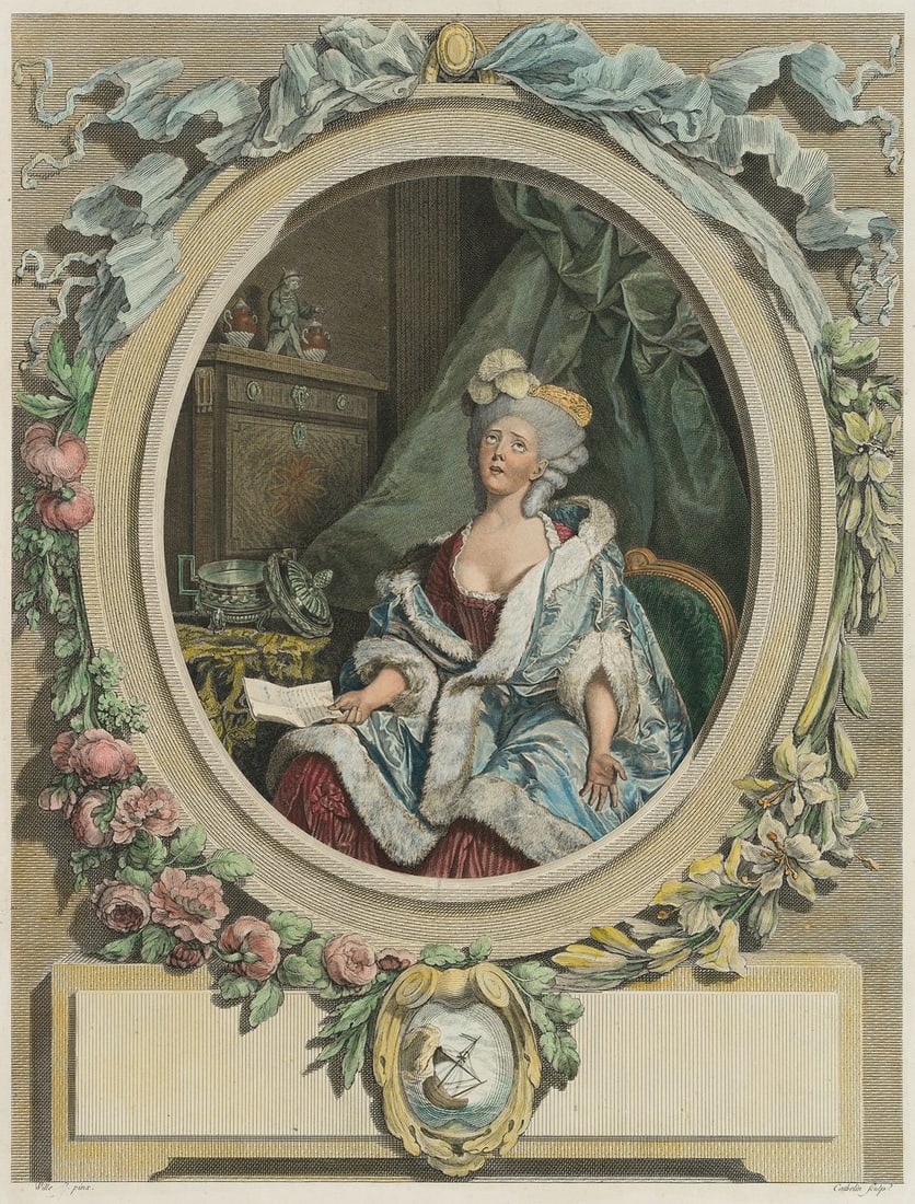 L. CATHELIN (*1739) after WILLE (*1748), The distressing news, Copper engraving: Louis Jacques Cathelin (1739 Paris - 1804 ibid.) after Pierre Alexander Wille (1748 Paris - 1821 ibid.): "La nouvelle affligeant", lady reveals letter hiding place, 18th century, Copper engraving Tech