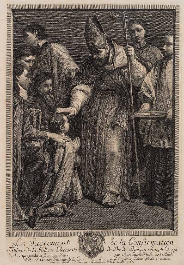 L. ZUCCHI (1704-1779), The Sacrament of Confirmation, 1767, Copper engraving: Lorenzo Zucchi (1704 Venice - 1779 Dresden): The Sacrament of Confirmation, 1767, Copper engraving Technique: Copper engraving on Paper Inscription: titled, signed and dated at the bottom of the print