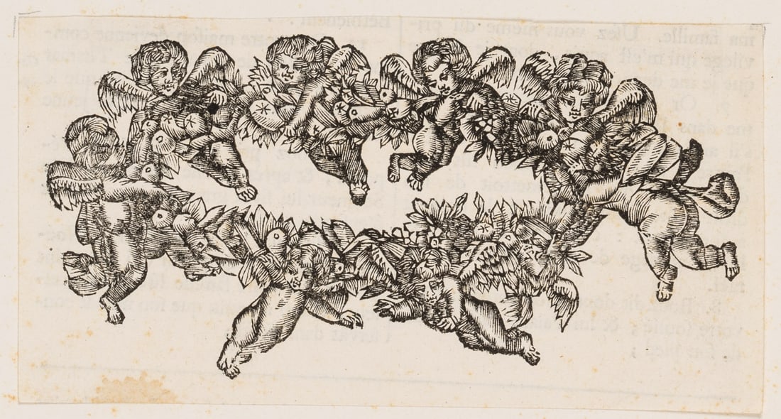 Unknown (18th), Baroque book decoration. Fruit and angels, 1735, Woodcut (1 of 4)