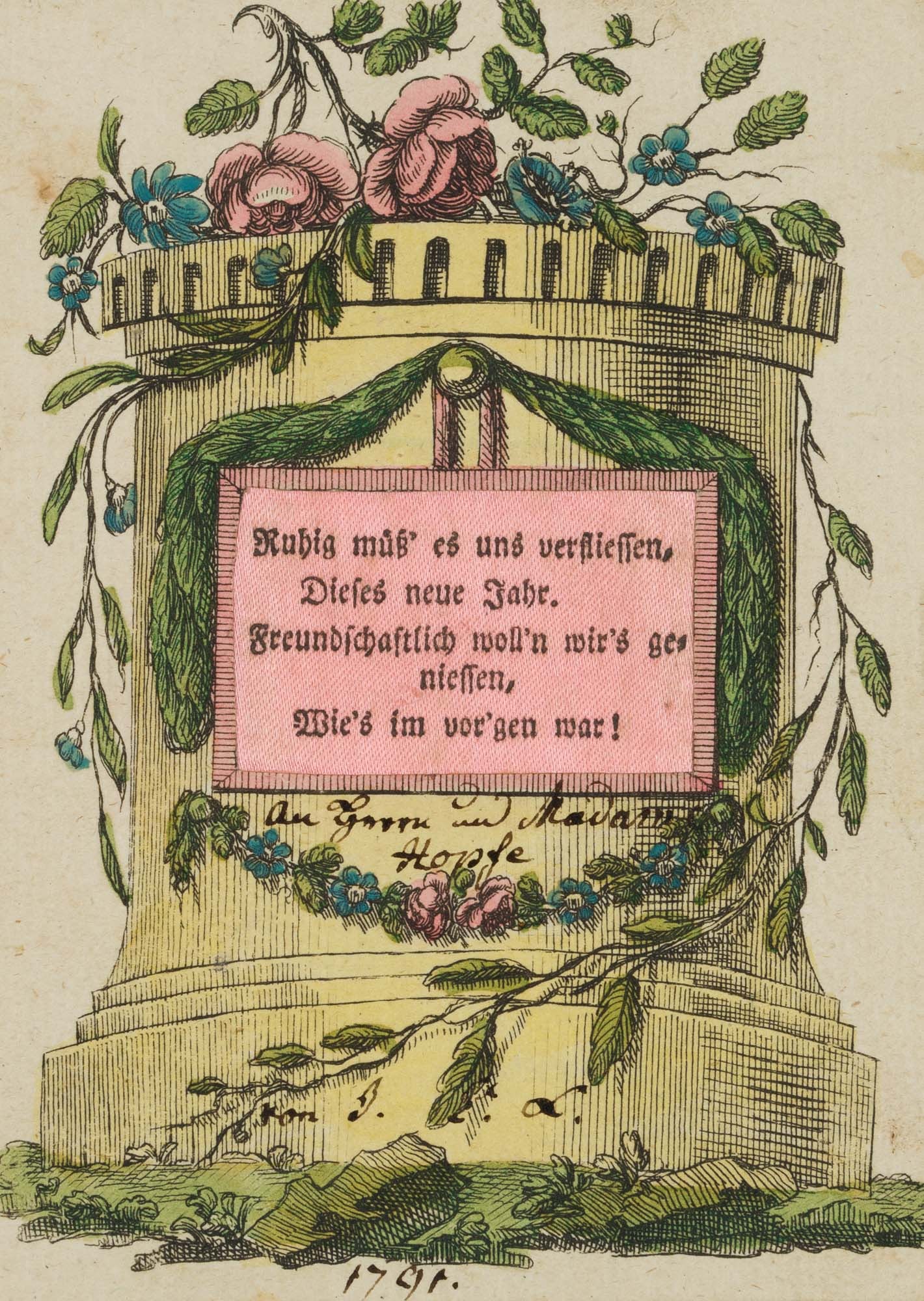 Unknown (18th), New Year's card, monument with rose motif, 1791, Etching: Unknown (18th century): Fabric-trimmed New Year's card, monument with rose decoration, 1791, Etching Technique: Hand colored Etching on Laid paper Date: 1791 Description: Greeting card for the New Yea