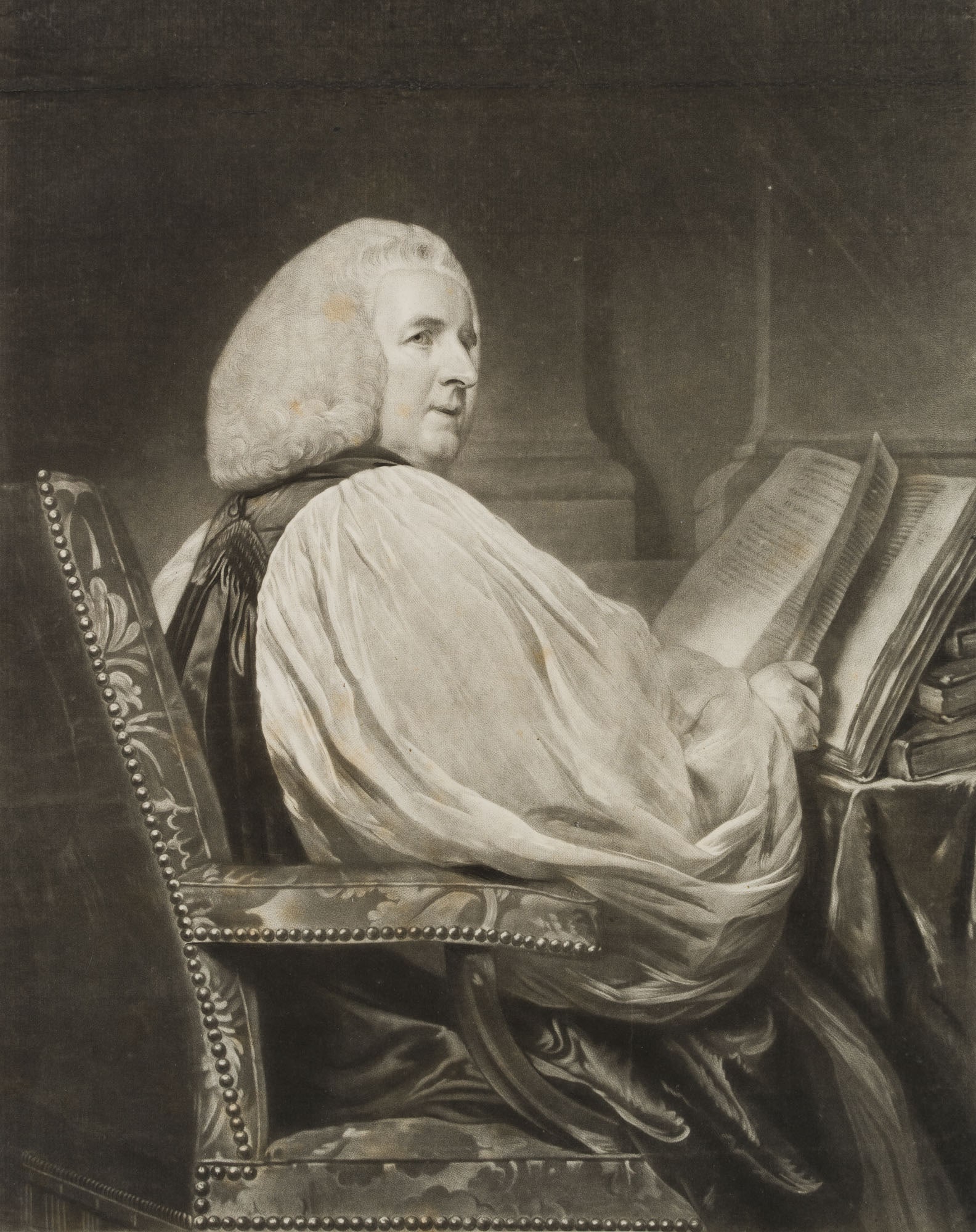 J. REYNOLDS (*1723) after Unknown (18th), Seated portrait in profile, Mezzotint: Joshua Reynolds (1723 - 1792 ibid.) after Unknown (18th century): Seated portrait in profile, 18th century, Mezzotint Technique: Mezzotint on Laid paper, mounted on Paper Inscription: Inscribed on the