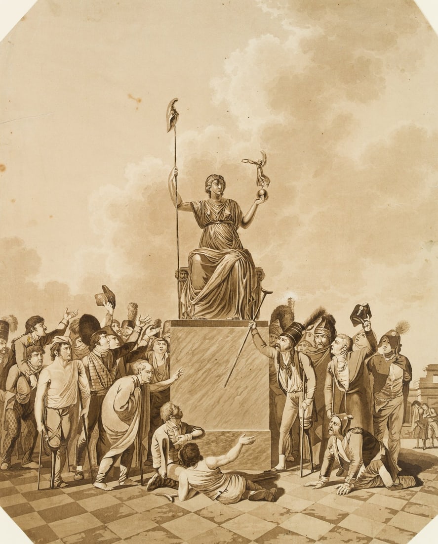 Unknown (18th), French revolutionaries, around 1792, Aquatint: Unknown (18th century): Seated sculpture of the French national figure Marianne with wounded revolutionaries and soldiers, c. 1792, Aquatint Technique: Aquatint on Paper Date: c. 1792 Description: Wou