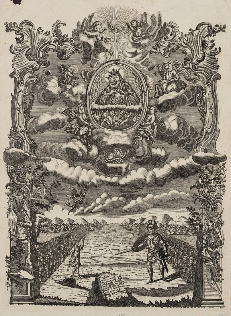 Unknown (17th), David and Goliath, around 1700, Etching: Unknown (17th century): David and Goliath, Biblical scene, Enthroned Madonna with Christ Child, c. 1700, Etching Technique: Etching on Paper Stamp: Lower right Collector's stamp, O.KOLLÉ. Date: c