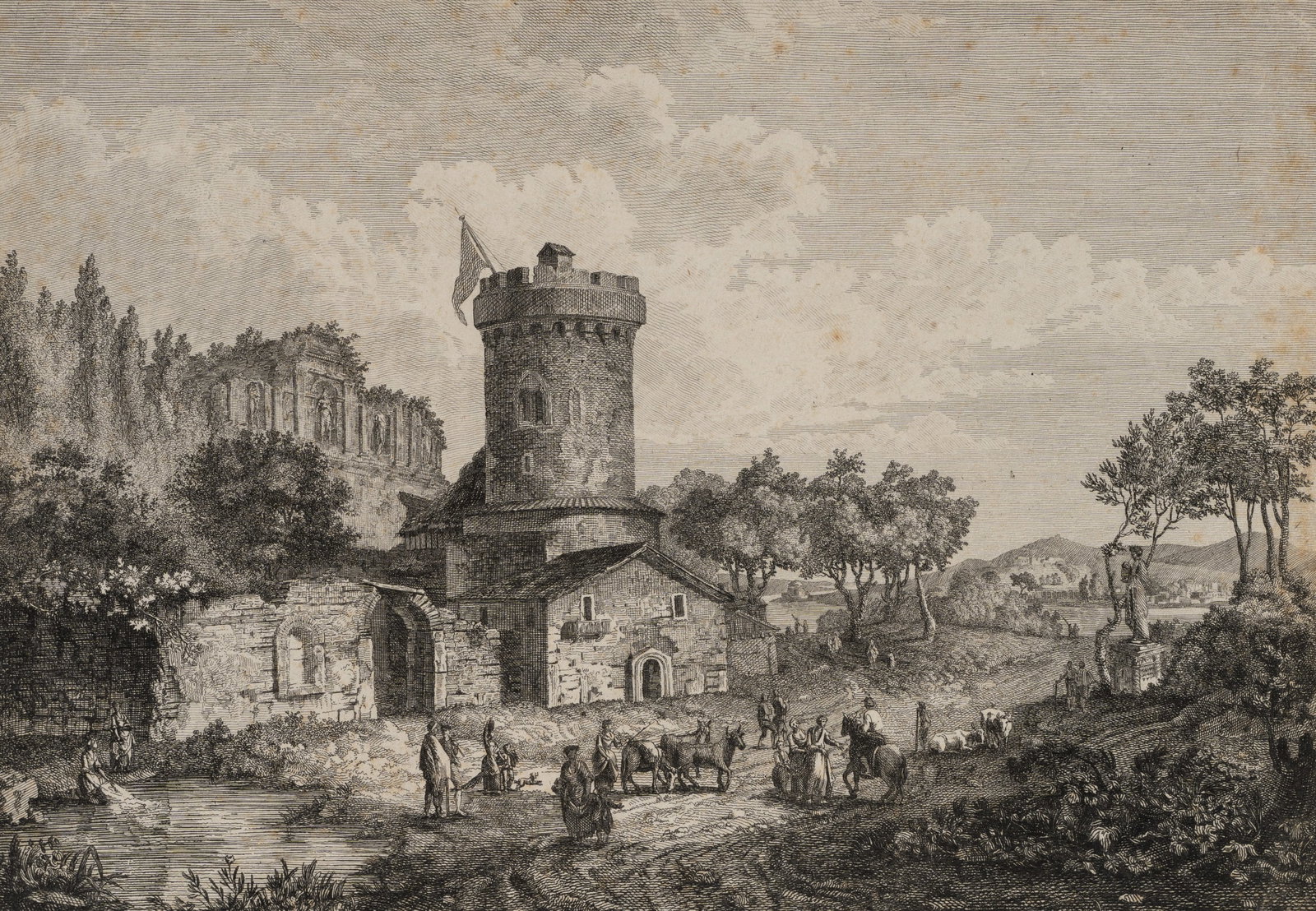 Unknown (18th), Castle ruins with a round tower and a rural scene, Copper engraving (1 of 5)
