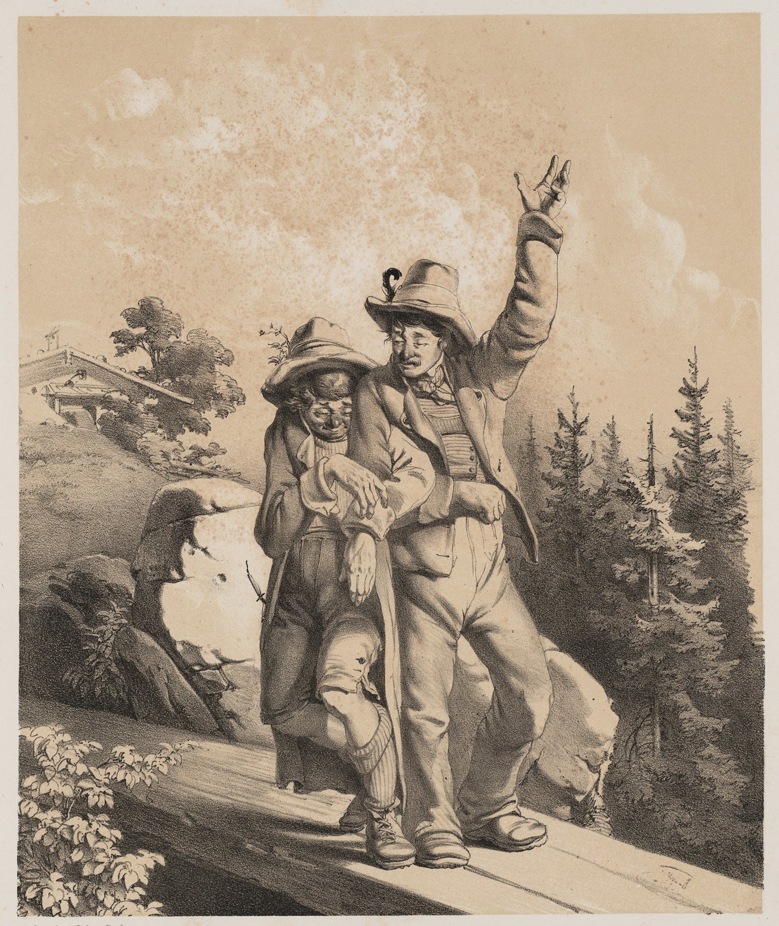 E. BENKERT (1825-1855), Two tired men on a bridge, Tinted Lithographie: Emerich Benkert (1825 Vienna - 1855 ): "No more wishes", Two men exhausted from partying cross a narrow bridge, 19th century, Tinted Lithographie Technique: Tinted Lithographie on Paper Inscription: l