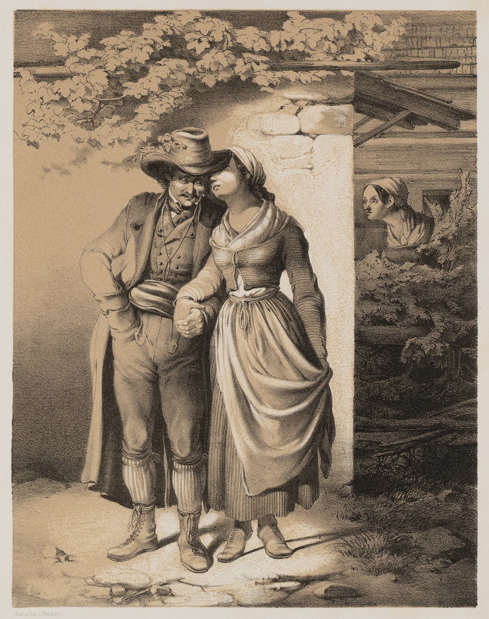 E. BENKERT (1825-1855), The Secret. A couple in love, caught in the act, Tinted Lithographie: Emerich Benkert (1825 Vienna - 1855 ): "The secret", secret lovers watched by prying eyes, 19th century, Tinted Lithographie Technique: Tinted Lithographie on Paper Inscription: lower left signed in t