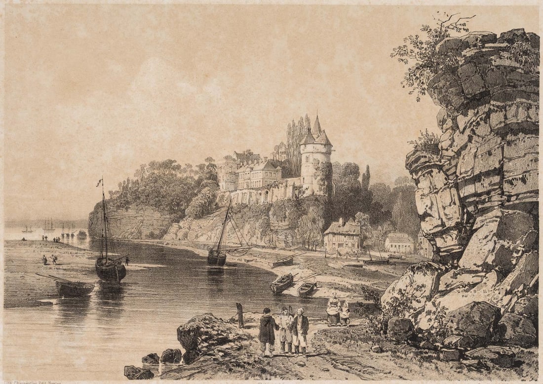 E. CICÉRI (*1813) after BENOIST (*1818), Château de Trancarville, Lithography: Eugène Cicéri (1813 Paris - 1890 Marlotte) after Félix Benoist (born 1818 Saumur): View of Chateau de Trancarville, Normandy, from the banks of the Seine with fishermen and fishing boat