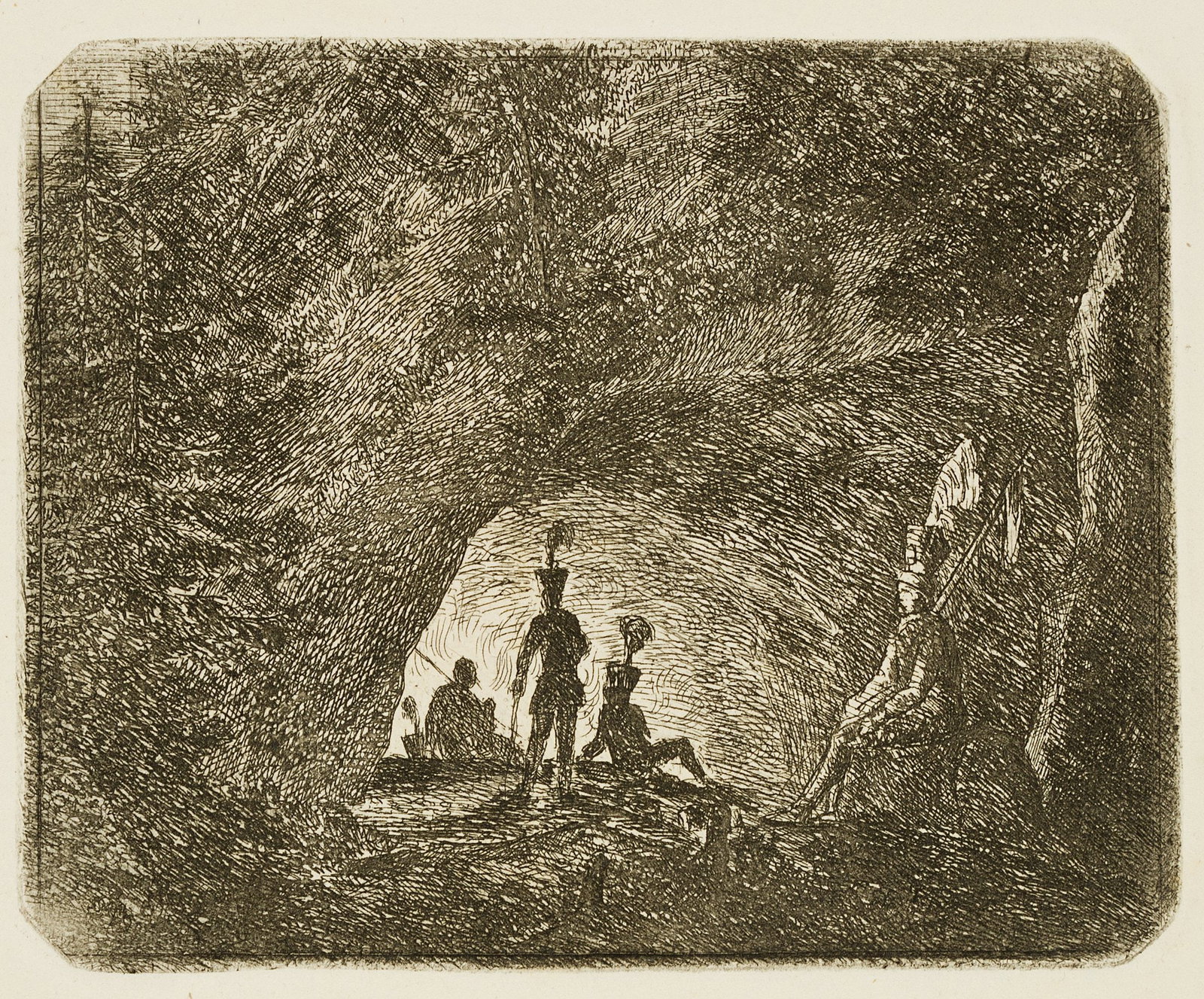 L. BERGER (? -1835), Soldiers at a cave, Etching: Ludwig von Berger (unkn. -around 1835 ibid.): Soldiers at a cave, 19th century, Etching Technique: Etching on Paper Date: 19th century Provenance: Aus dem Besitz der Familie von Berger Keywords: 19th 