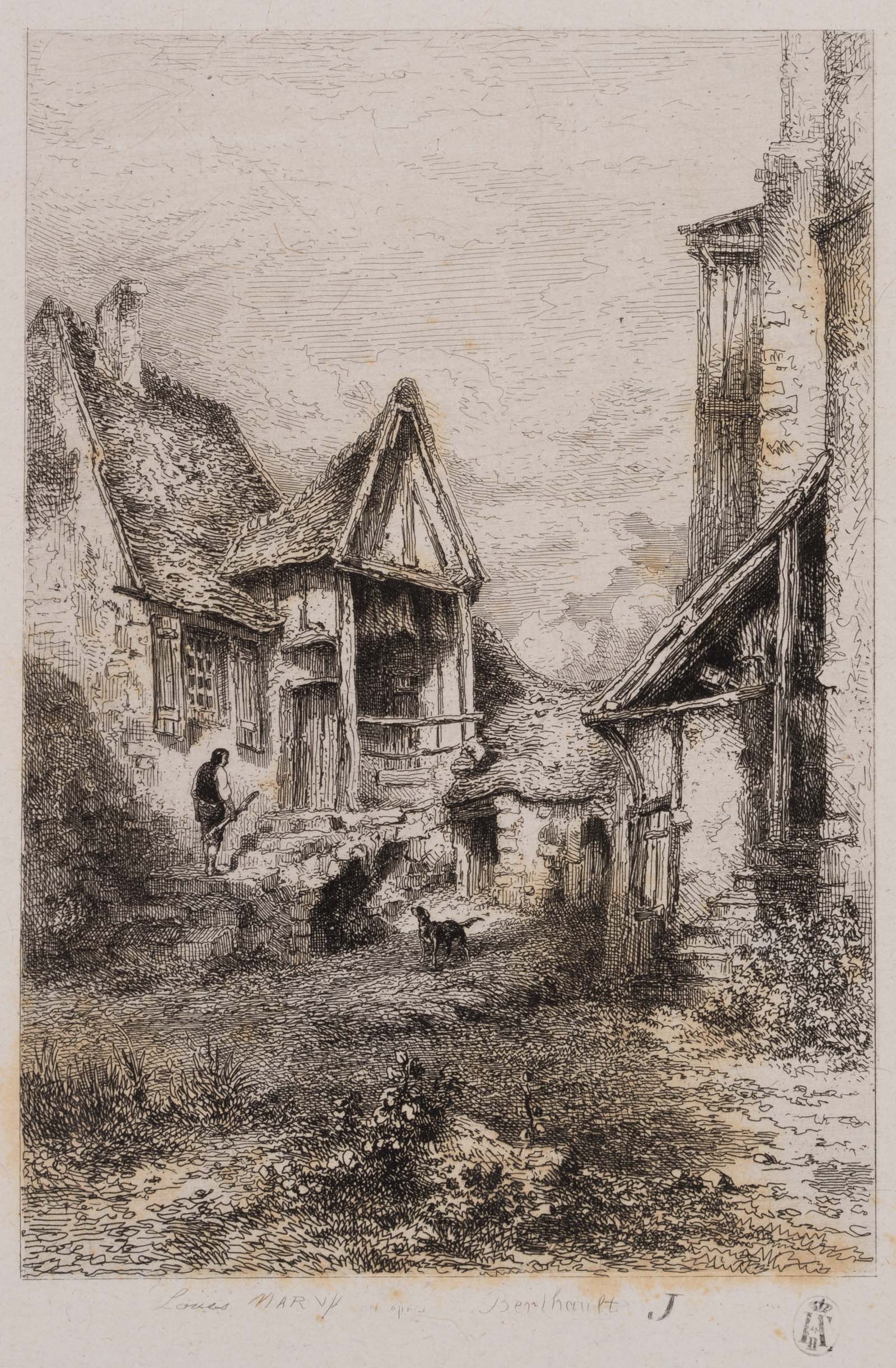 L. MARVY (19th) after BERTHAULT (*1737), At the farmstead with the farmers and the dog, Etching (1 of 4)