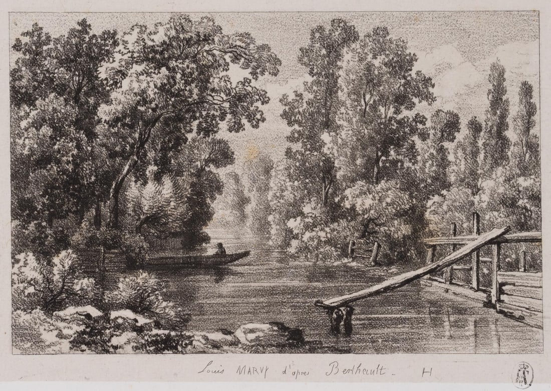 L. MARVY (19th) after BERTHAULT (*1737), River landscape with a boat, Vernis Mou: Louis Marvy (19th century) after Pierre Gabriel Berthault (1737 St-Maur (Seine) - 1831 Paris): River landscape with boat and vegetated bank, 19th century, Vernis Mou Technique: Vernis Mou on China pap