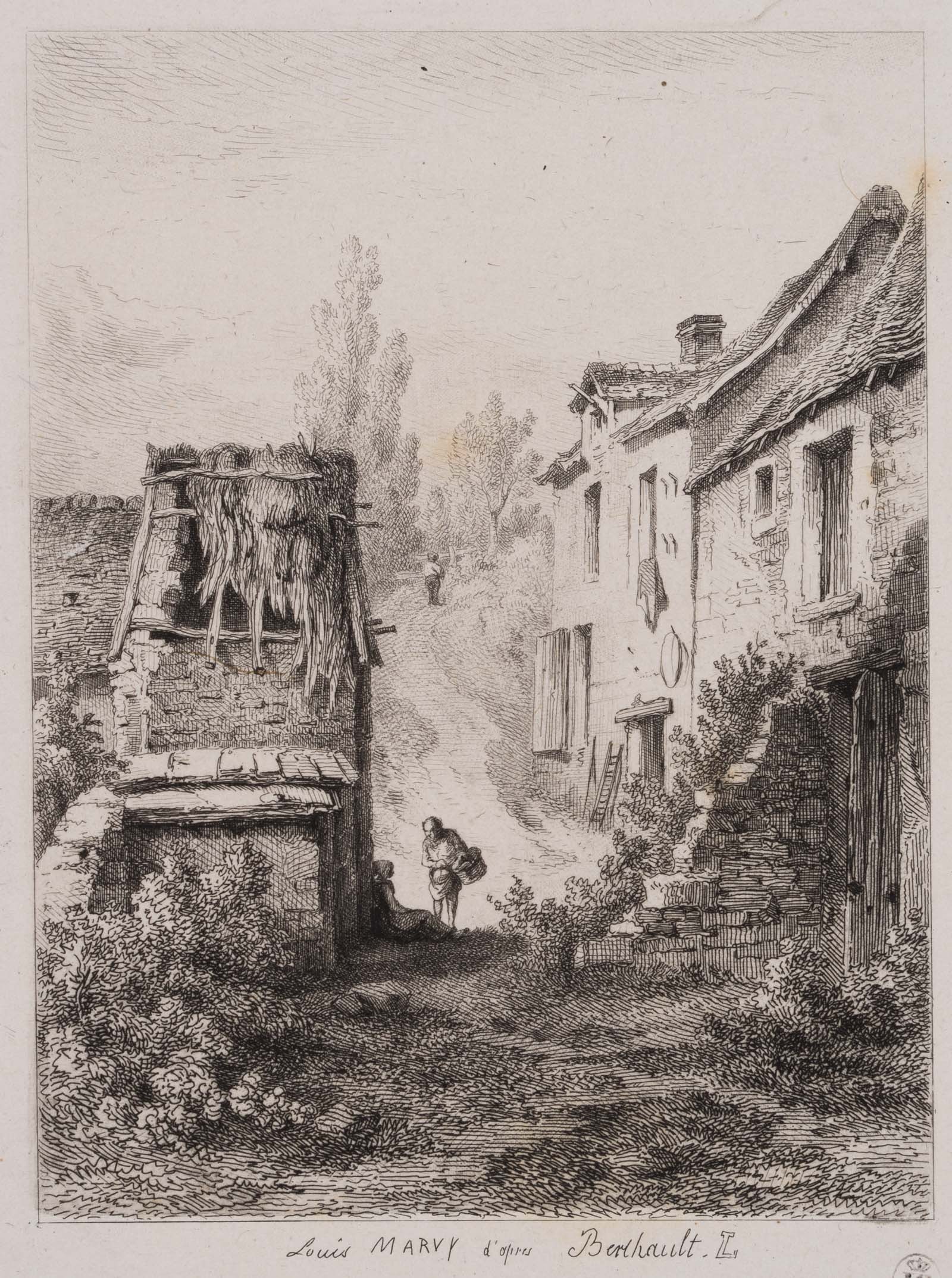 L. MARVY (19th) after BERTHAULT (*1737), Village street with villagers, Etching (1 of 4)