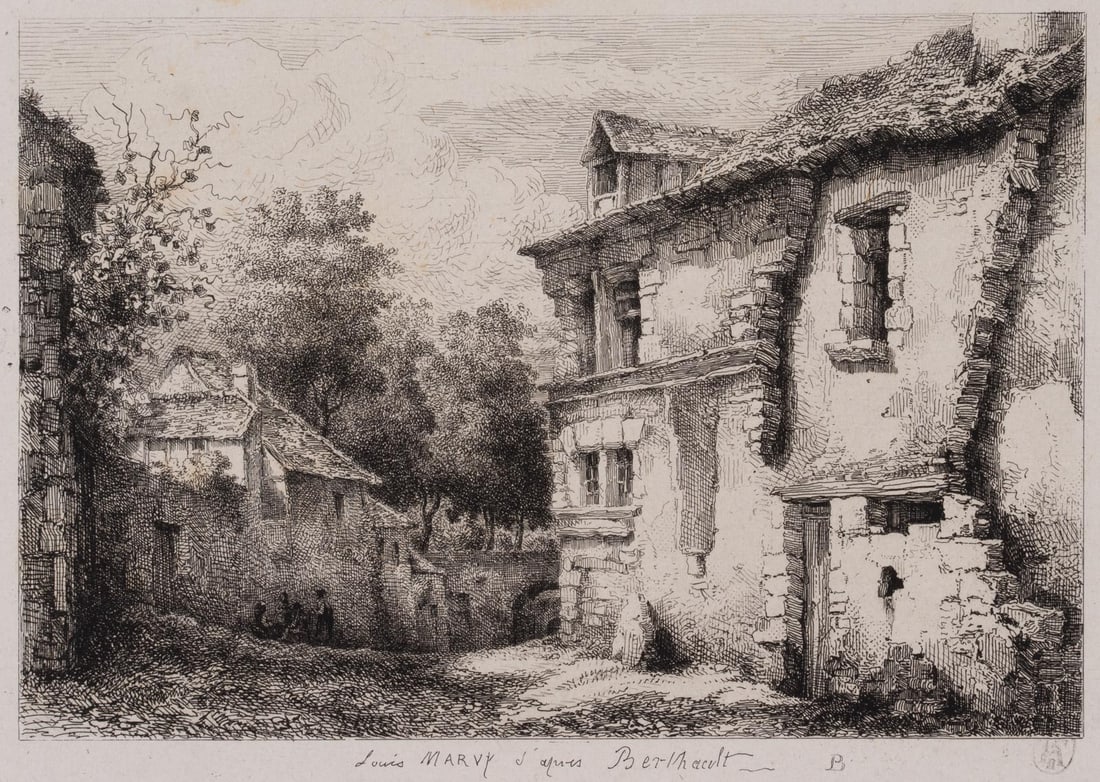 L. MARVY (19th) after BERTHAULT (*1737), The courtyard of an old farmstead, Etching (1 of 4)