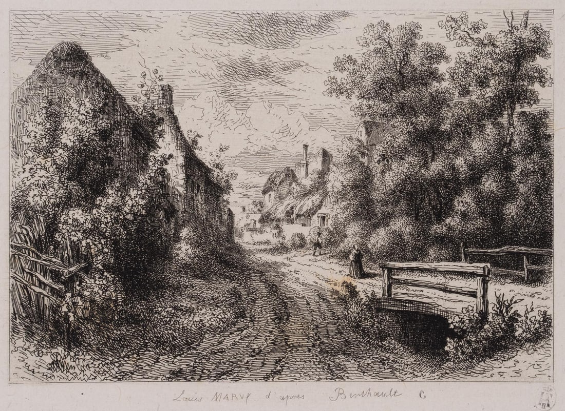 L. MARVY (19th) after BERTHAULT (*1737), Village street with farmyards, Etching: Louis Marvy (19th century) after Pierre Gabriel Berthault (1737 St-Maur (Seine) - 1831 Paris): Village street with courtyards and a small bridge over a stream, 19th century, Etching Technique: Etching
