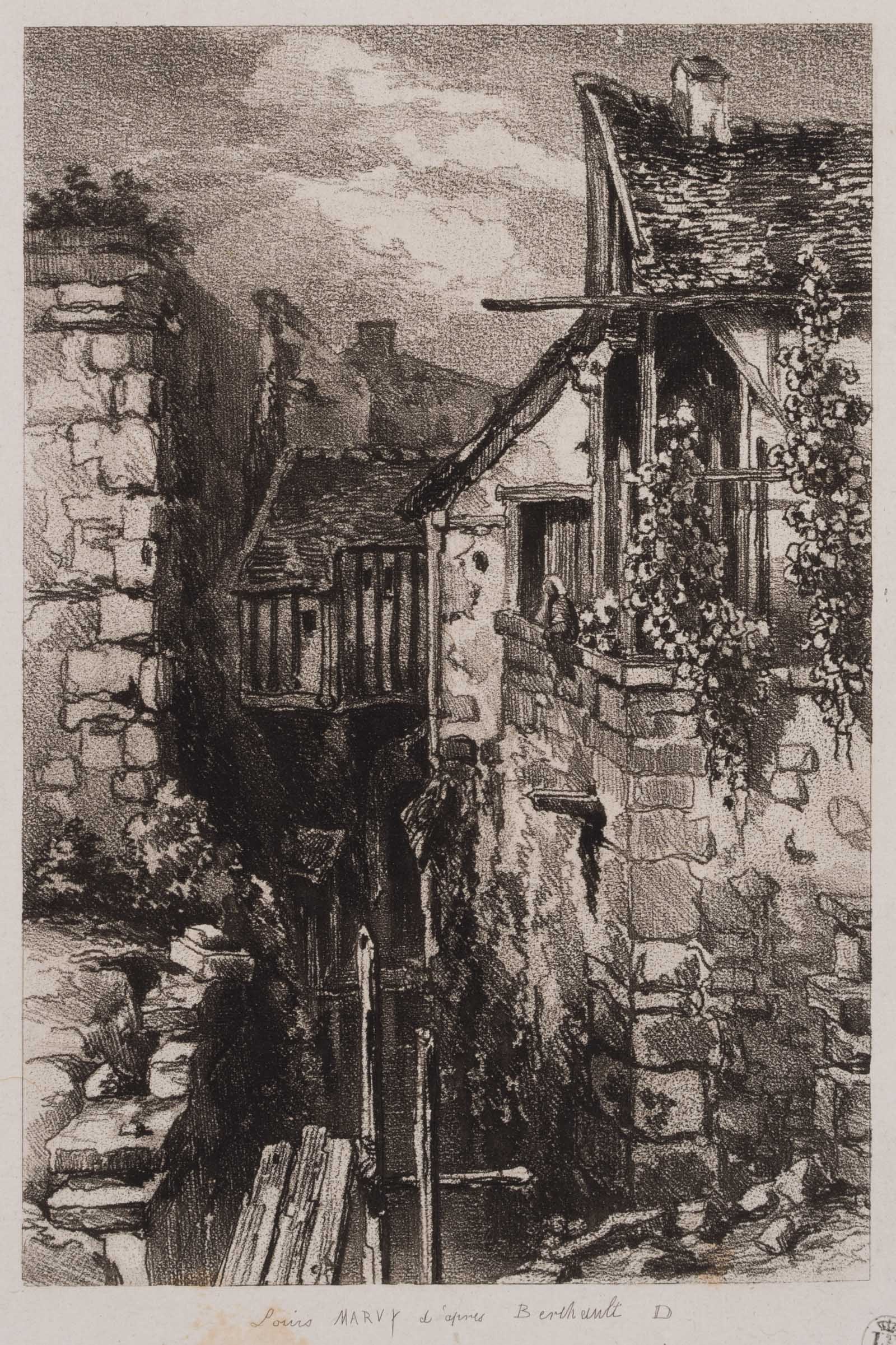 L. MARVY (19th) after BERTHAULT (*1737), A view down a narrow alleyway between houses, Etching (1 of 4)