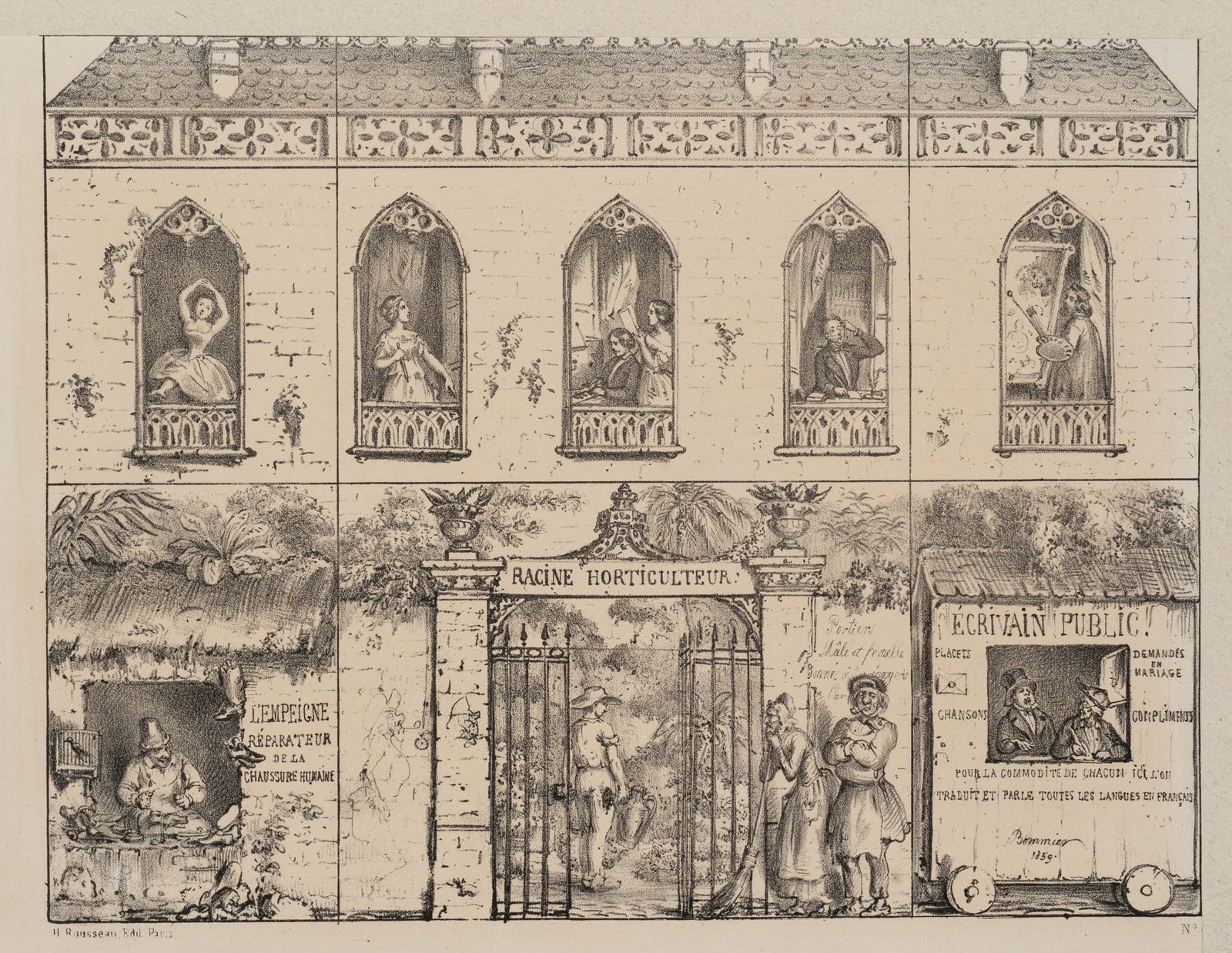 C. BOMMIER (1841-1862), A house full of life – scenes from everyday life and business, 1859,: C Bommier (before 1841 - after 1862 ): Views through Gothic windows - everyday life and professions in a lively house, 1859, Lithography Technique: Lithography on Paper Inscription: Lower right signed