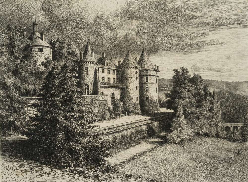 A. BOULARD (19th), French château, Etching: Auguste Boulard (19th century): French château in a natural landscape, 19th century, Etching Technique: Etching on Paper, mounted on Paper Inscription: Signed lower left in the printing plate: "Boula