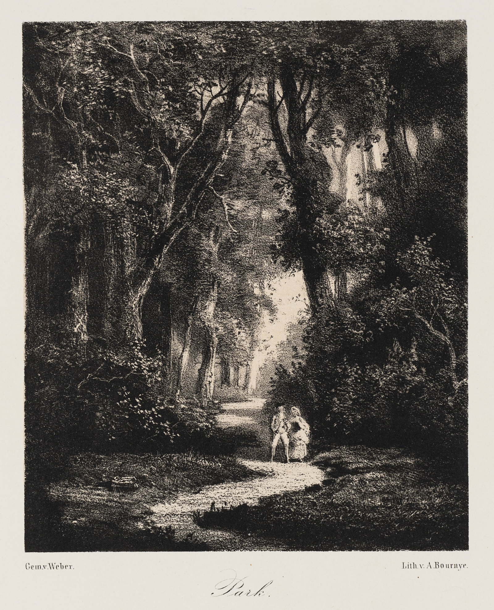 A. BOURNYE (1825-1858), Park with a couple in love, around 1855, Lithography: Alfred Bournye (1825 Düsseldorf - after 1858 ): Park with lovers walking under trees, c. 1855, Lithography Technique: Lithography on Paper Inscription: At the lower part signed in the printing pl
