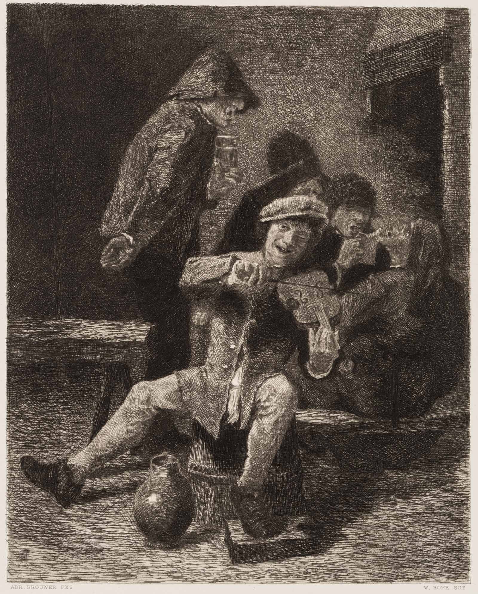 W. ROHR (*1848) after BROUWER (*1605), A tavern scene with a fiddler, Etching: Wilhelm Rohr (1848 Leipzig - 1907 Munich) after Adriaen Brouwer (1605 - before 1638 ibid.): Tavern scene with violinist and drinking party, 19th century, Etching Technique: Etching on Paper, rolled-on
