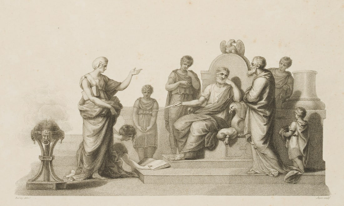 J. AGAR (*1773) after BURNEY (*1760), Sybille of Cumae, 1802, Crayon manner: John Samuel Agar (1773 - 1858 ) after Edward Francis Burney (1760 - 1848 ibid.): The Sybil of Cumae before King Tarquinius Superbus, 1802, Crayon manner Technique: Crayon manner on Paper Inscription: 