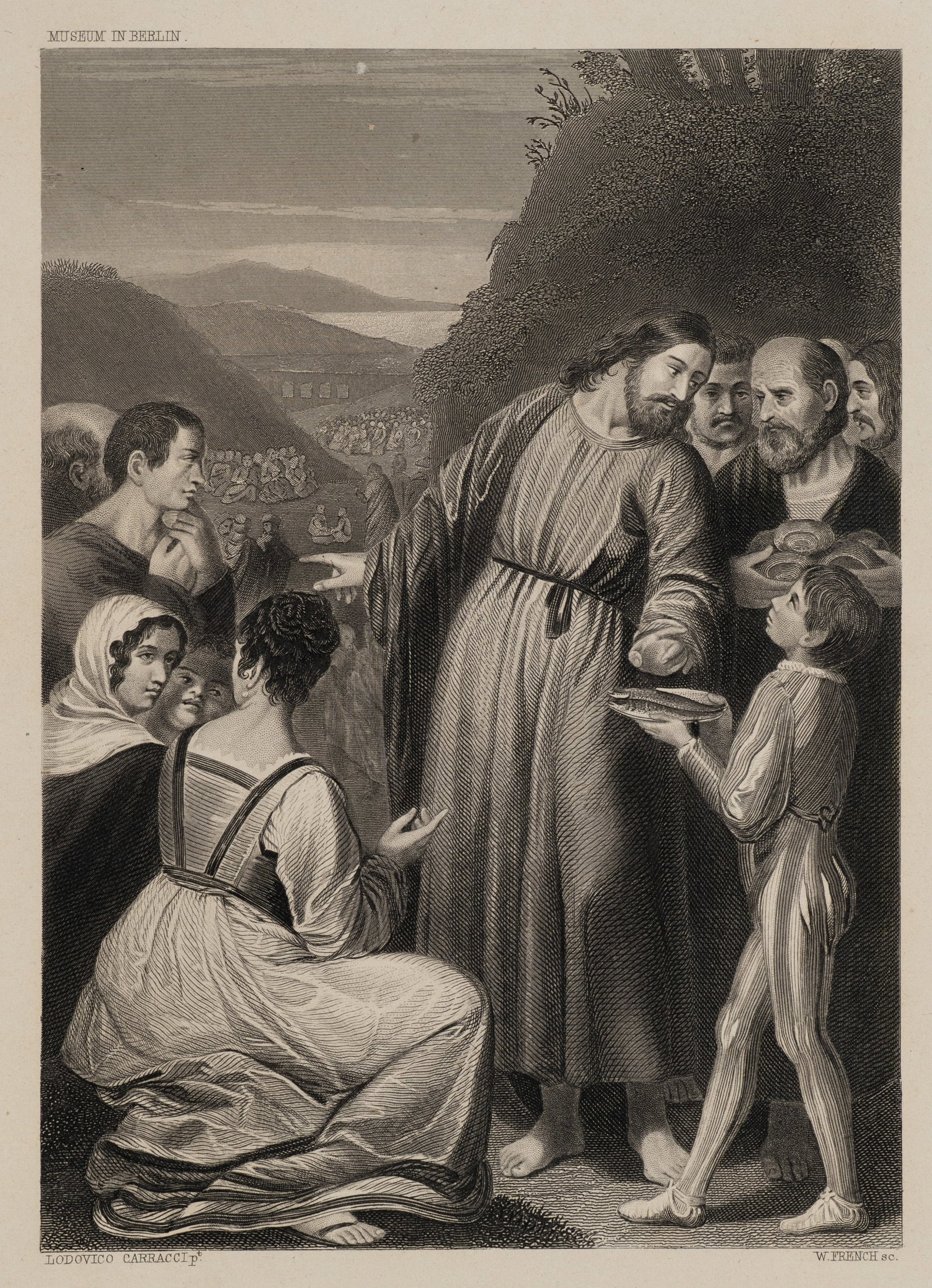 W. FRENCH (*1815) after CARACCIOLO (*1761), The Feeding of the Five Thousand, Steel engraving: William French (around 1815 Sussex - 1898 East Grinstead) after Ludovico Caracciolo (1761 Rome - 1842 ): Feeding of the five thousand Miracle of the multiplication of the loaves in the landscape, 19th