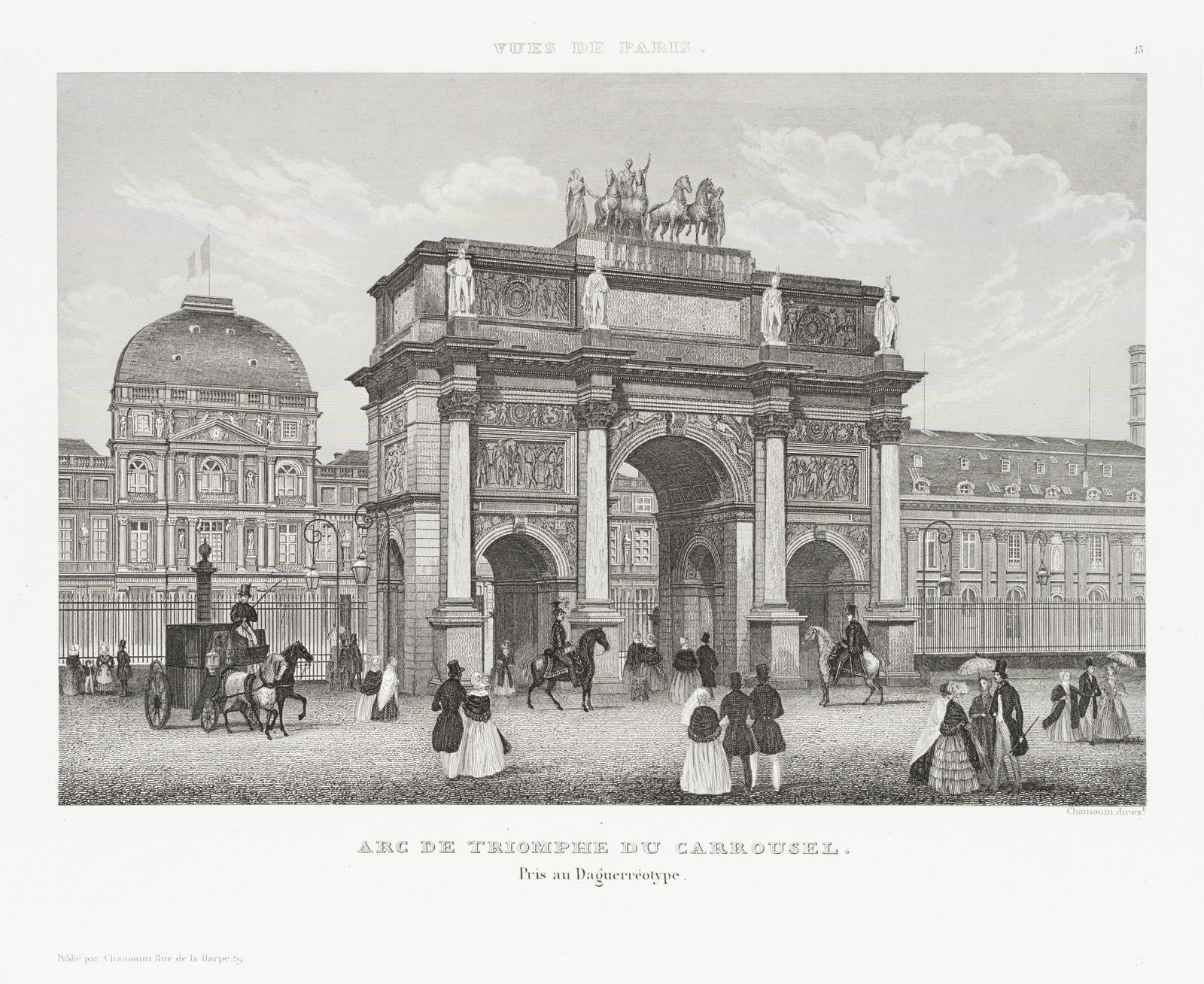 C. CHAMOUIN (19th), View of the Arc de Triomphe, a historic monument, Steel engraving: Claude H. Chamouin (19th century): View of the Arc de Triomphe du Carrousel, Arc de Triomphe in Paris, 19th century, Steel engraving Technique: Steel engraving on Paper Inscription: Lower right signed