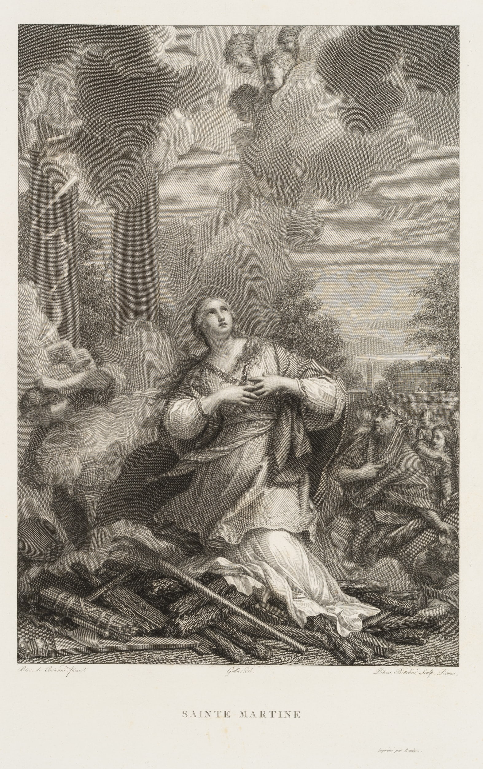 P. BETTELINI (*1763) after CORTONA (*1597), Saint Martina at the stake, Copper engraving (1 of 4)