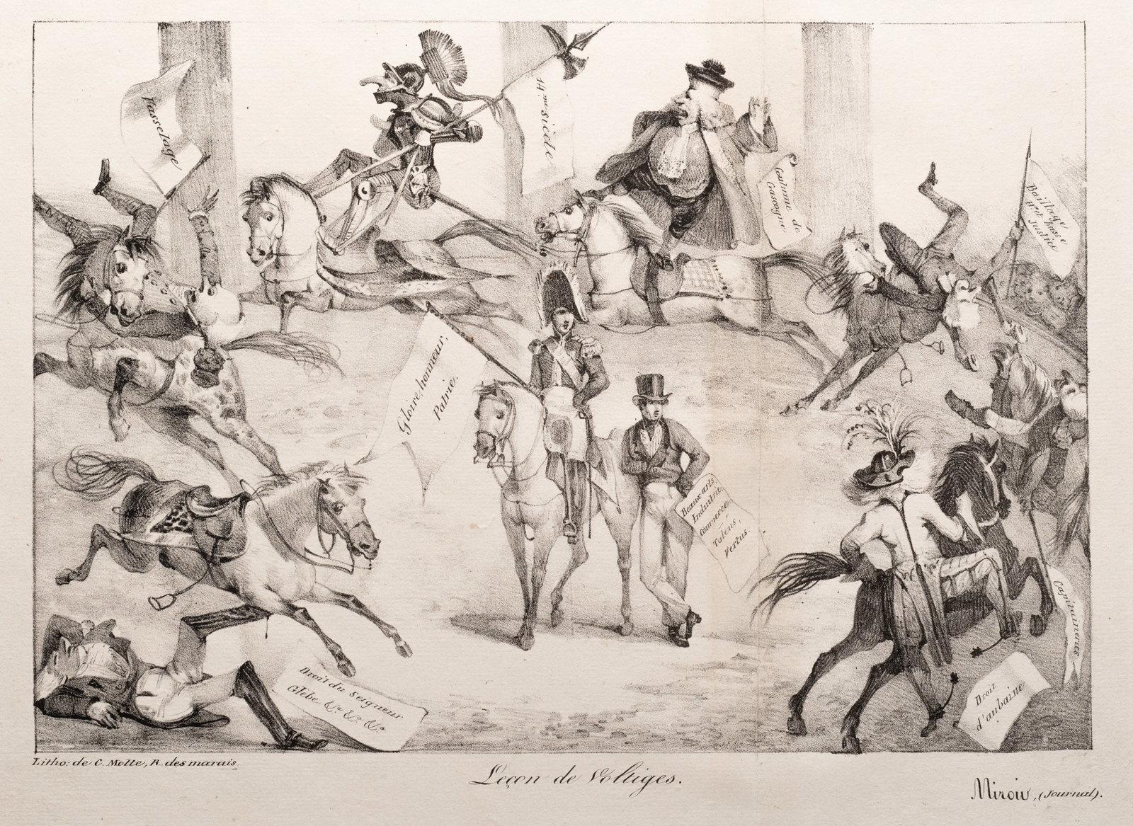 E. DELACROIX (*1798), Aerobatics Lesson, 1822, Lithography: Eugène Delacroix (1798 - 1863 ibid.): Leçon de Voltiges A humorous allegory of vaulting and social criticism, 1822, Lithography Technique: Lithography on Paper Date: 1822 Description: Satire